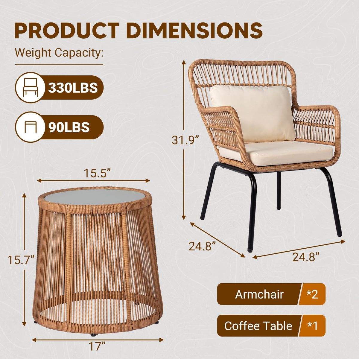 Tappio 3 Piece Outdoor Wicker Bistro Set, Patio Conversation Sets w/2 Large Rattan Chairs and Tempered Glass Table, Patio Furniture for Balcony, Porch, Poolside, Backyard, Beige