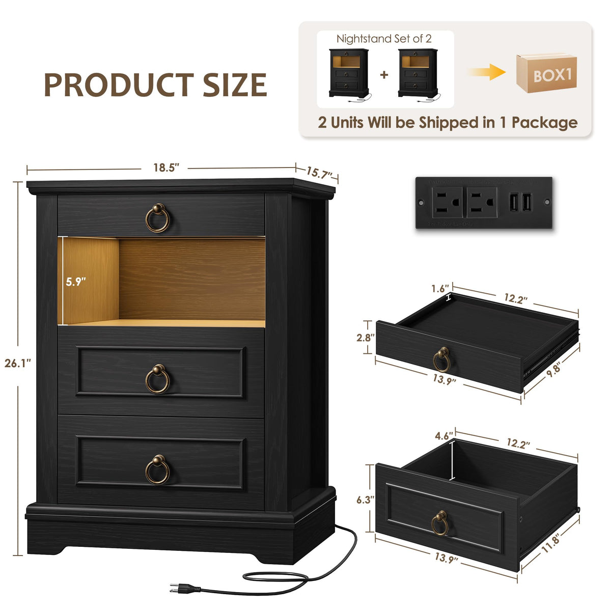 Black LED Nightstand Set of 2 with Charging Station