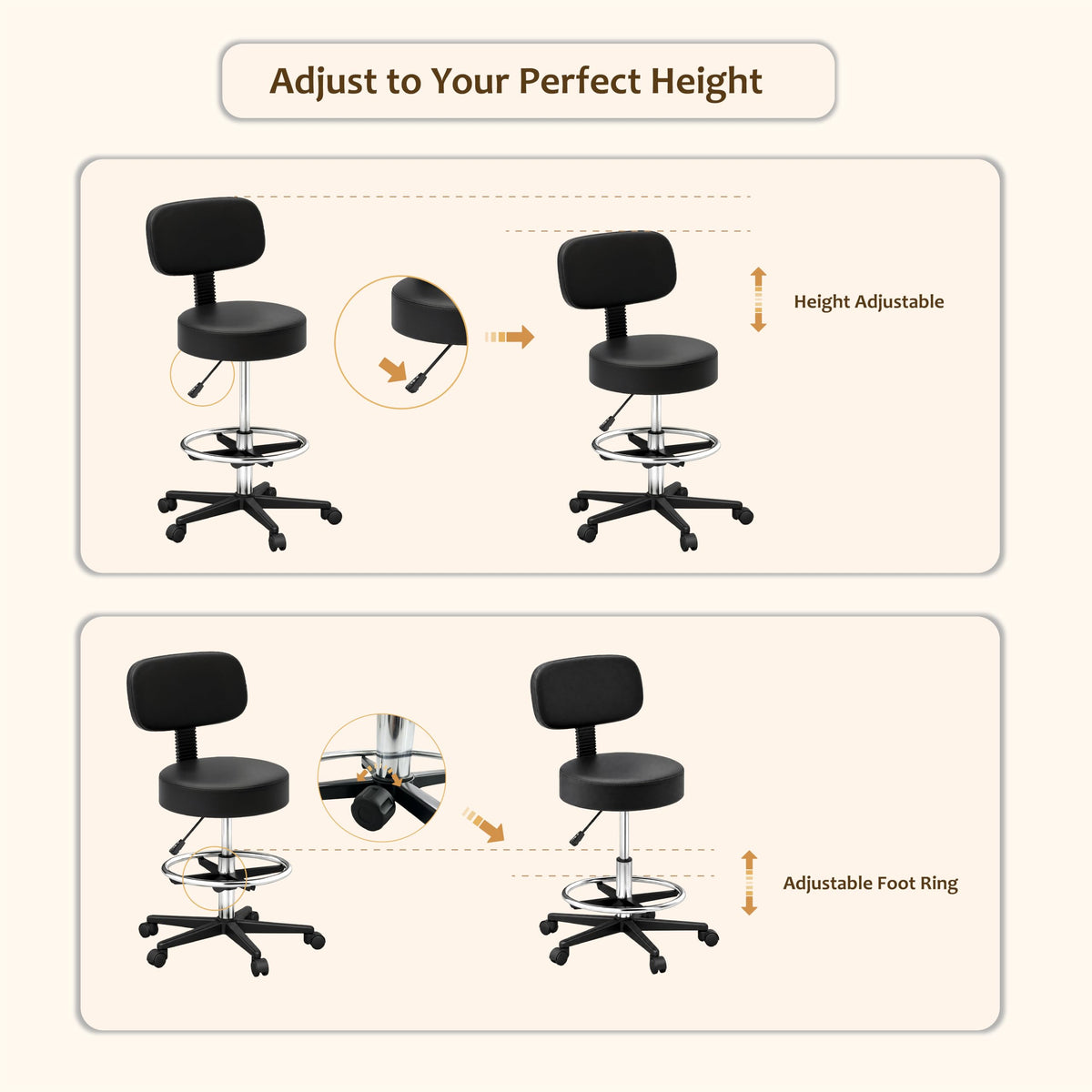 Flumpent Drafting Chair, Adjustable Height & Footrest, Swivel, Black