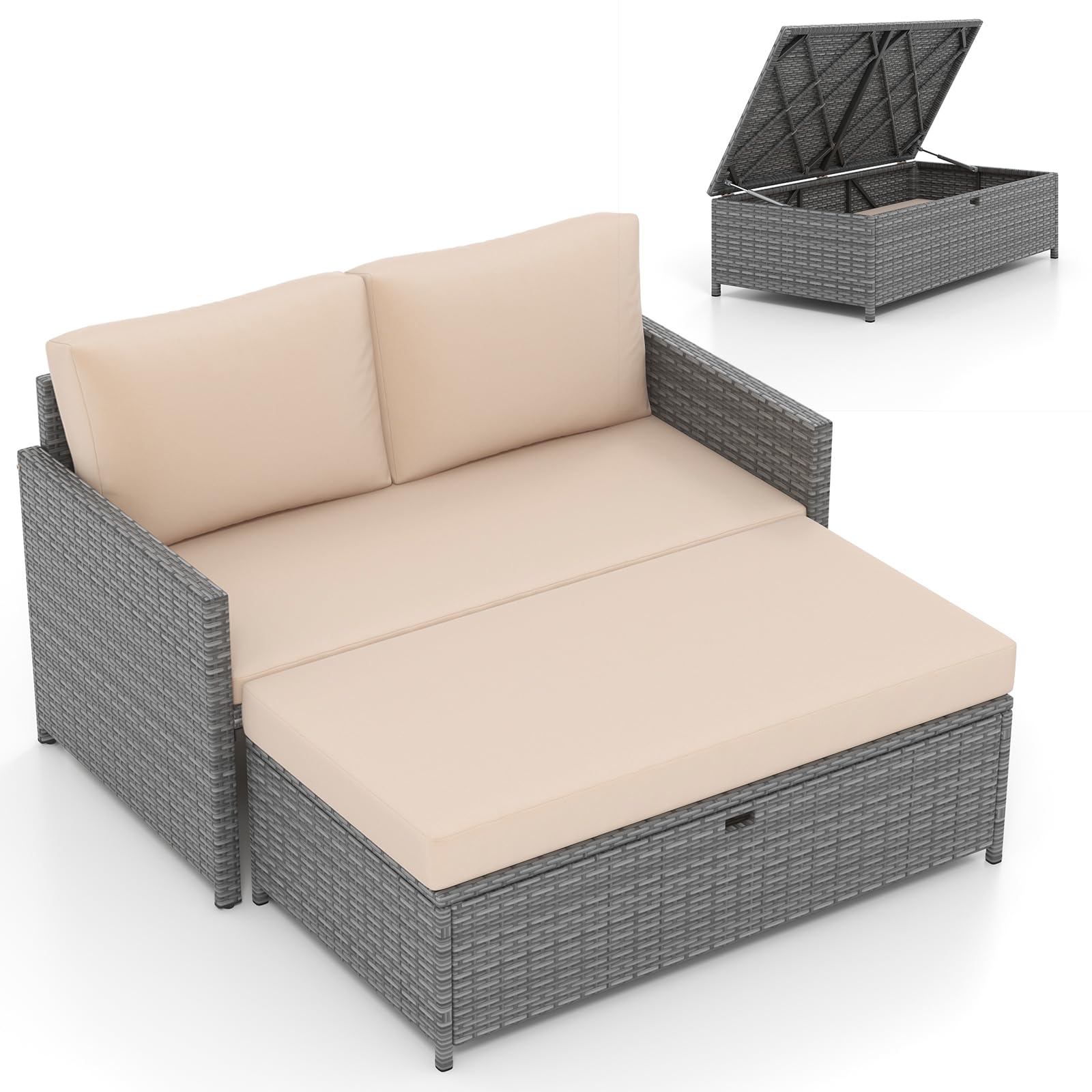Outdoor Rattan Loveseat & Storage Ottoman Set