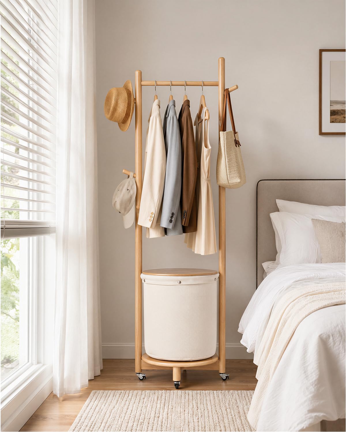 Rolling Wood Coat Rack with Basket