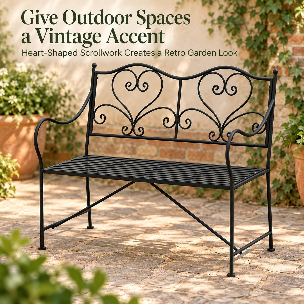 XYCCRX Metal Outdoor Garden Bench with Scrollwork Backrest, 41.7-Inch