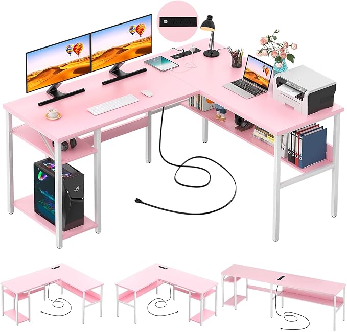 L-Shaped Desk with Power Outlets & USB Ports