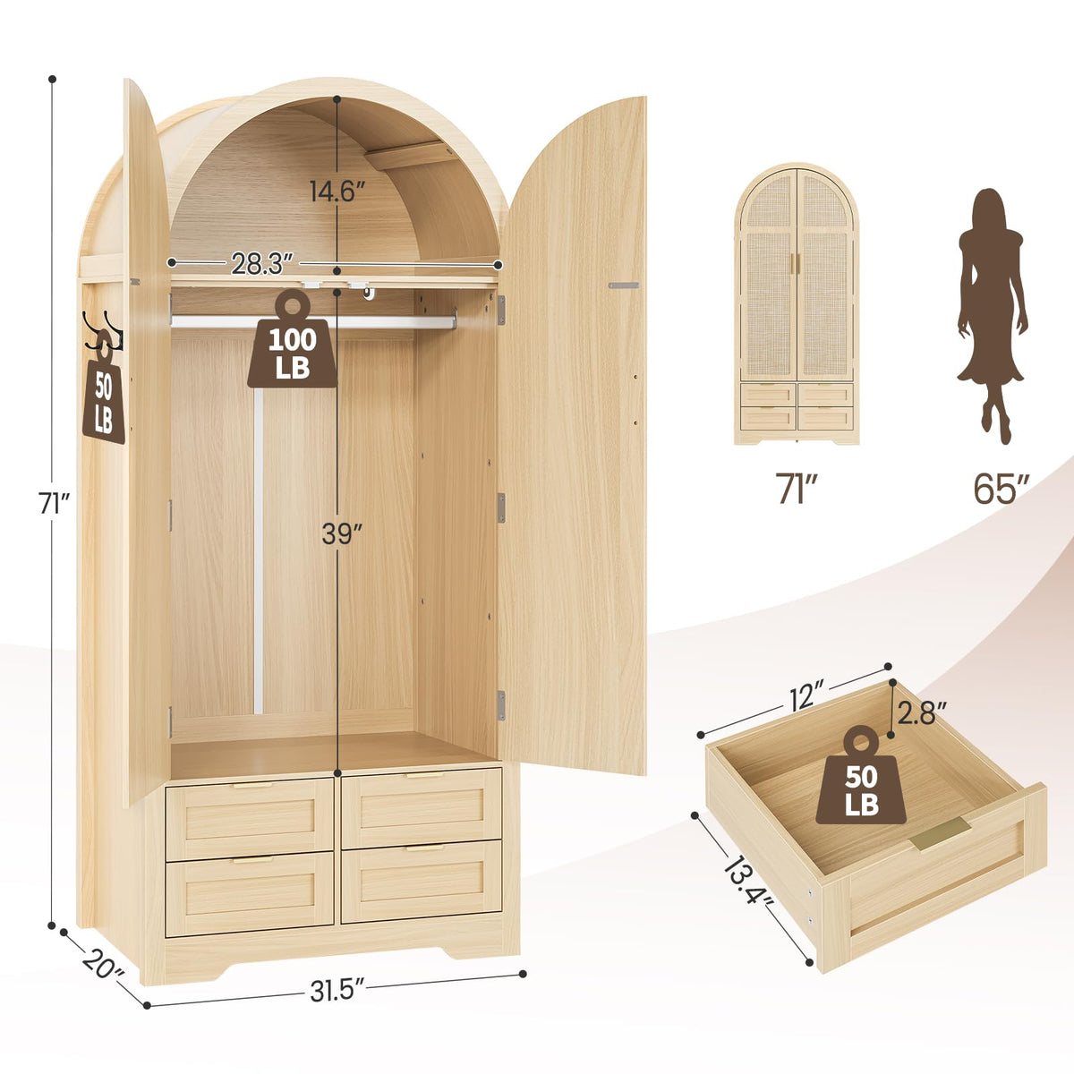 Arched Rattan Wardrobe with Drawers