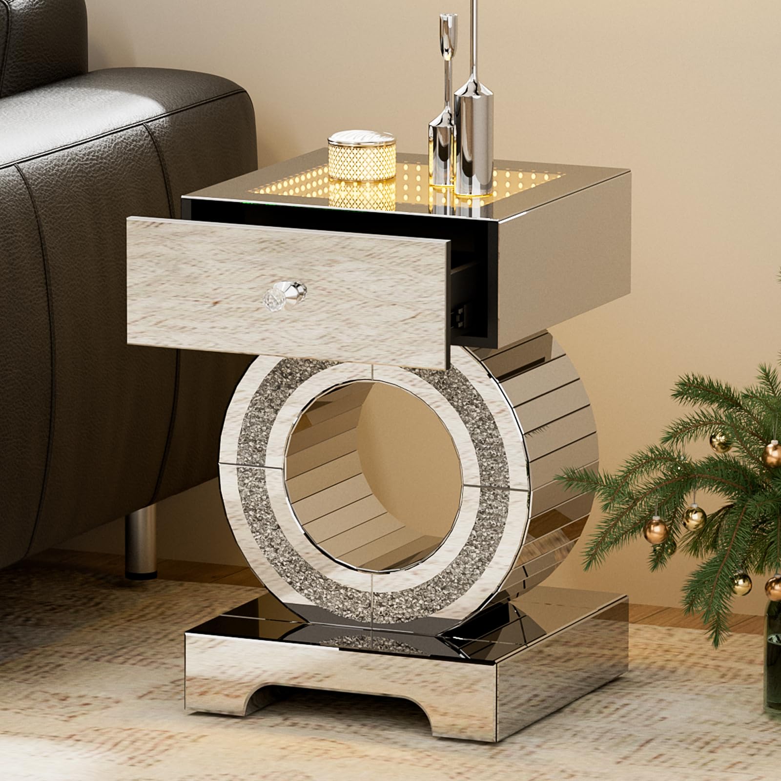 IKIFLY Mirrored End Table with LED Light, Mirrored Accent Nightstand with Drawer, Silver Crushed Diamond Side Table with O-Shaped Base for Living Room, Bedroom and Office (Remote Control Included)