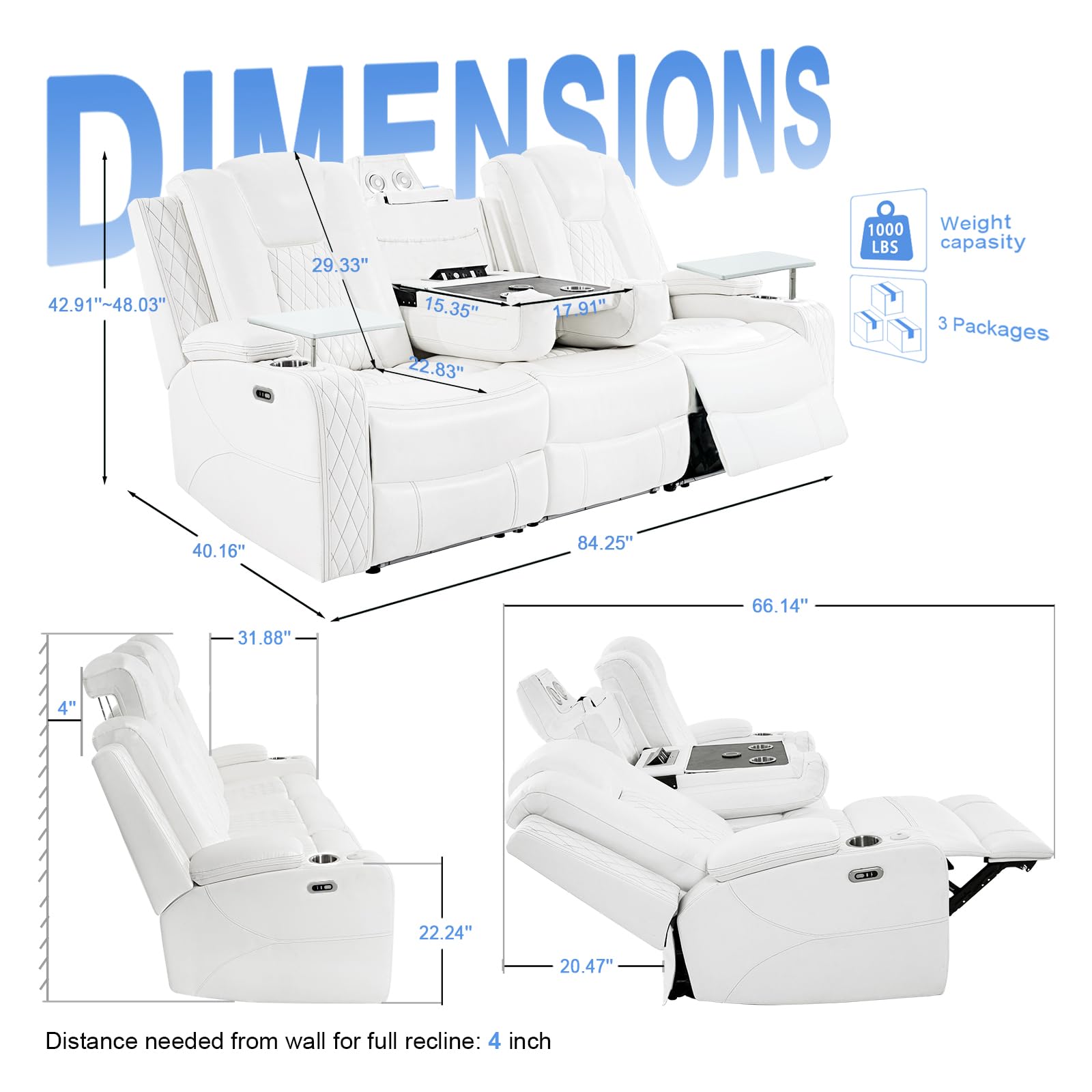 SweetGO Home Theater Seating with USB/Wireless Charging, Power Reclining Sofa wall Hugger with 20 Colors Ambient Light, Movie Theater Couch for Living Room & RV