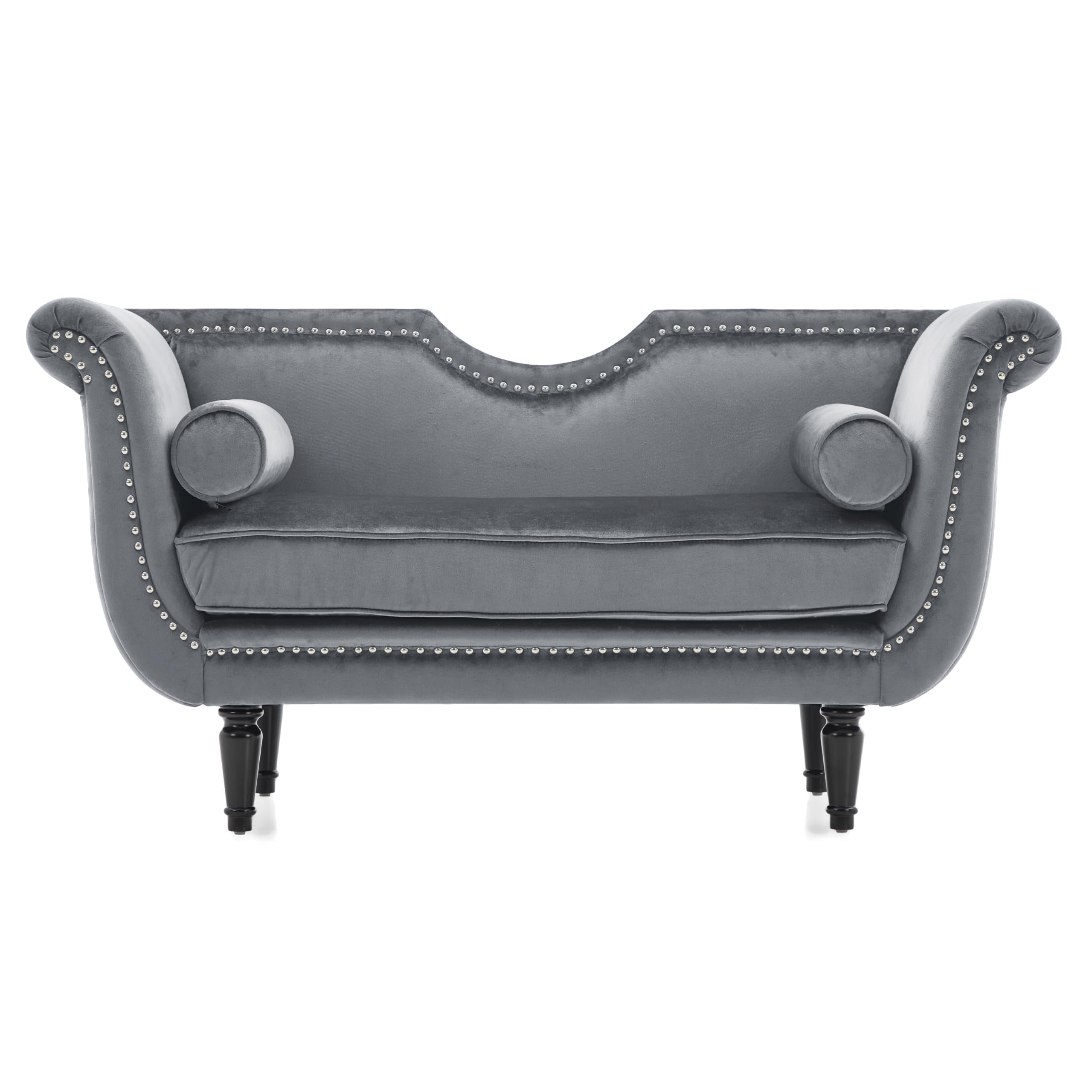 Velvet Ottoman Bench with Bolster Pillows & Nailhead Trim