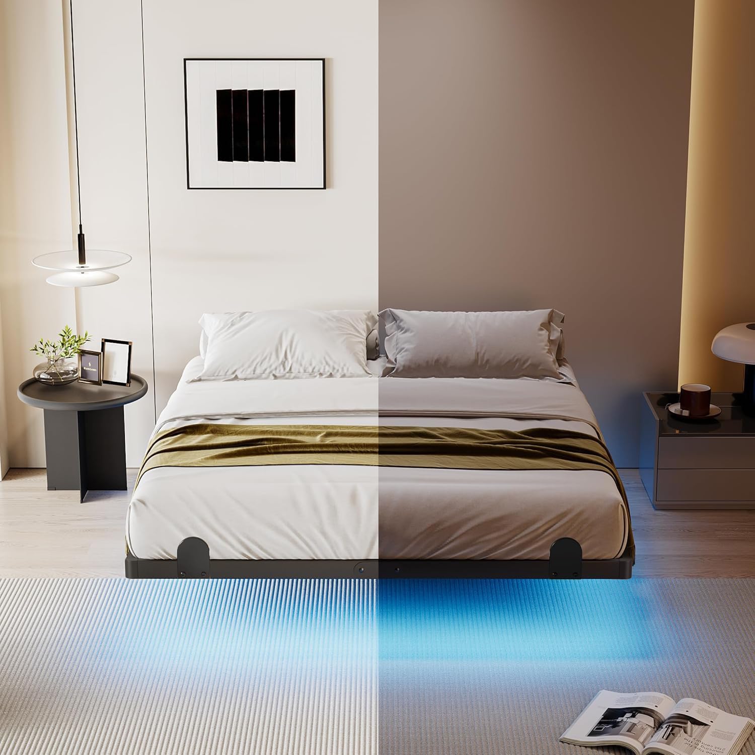 qimamo Floating Queen Bed Frame, 14 Inch Metal Platform Bed with Smart LED Lights & Charging Station, Easy Assembly, No Box Spring Needed