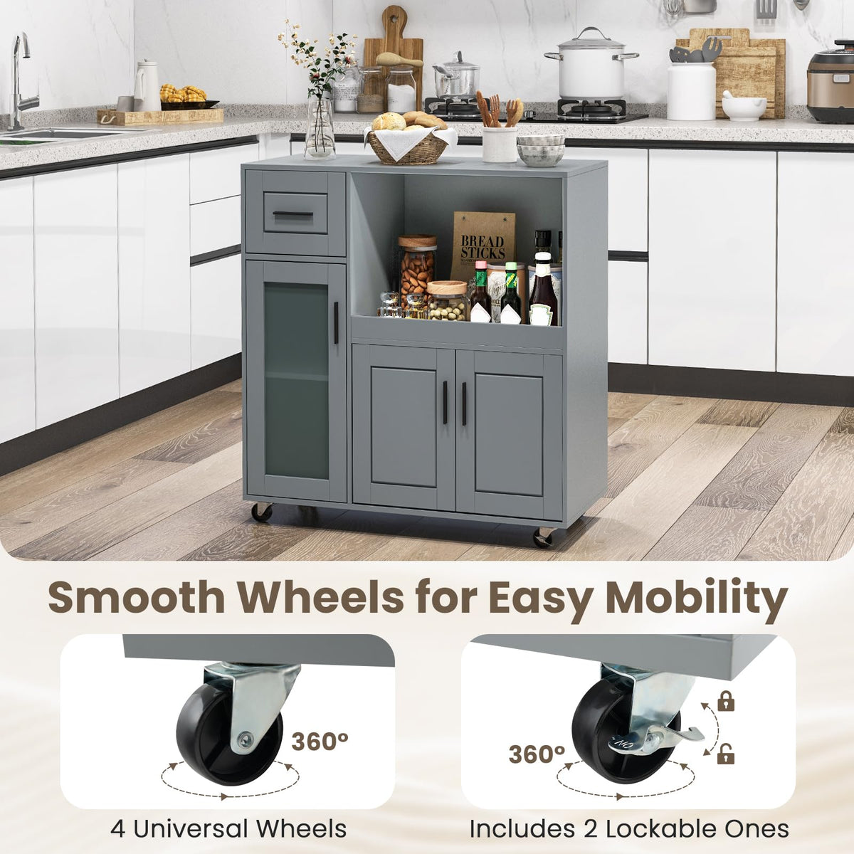GIANTEX Kitchen Island Cart with Storage, Rolling Island Table with Drawer, Glass Door, Adjustable Shelf, Bar Coffee Microwave Cart On Wheels for Dining Room, Grey