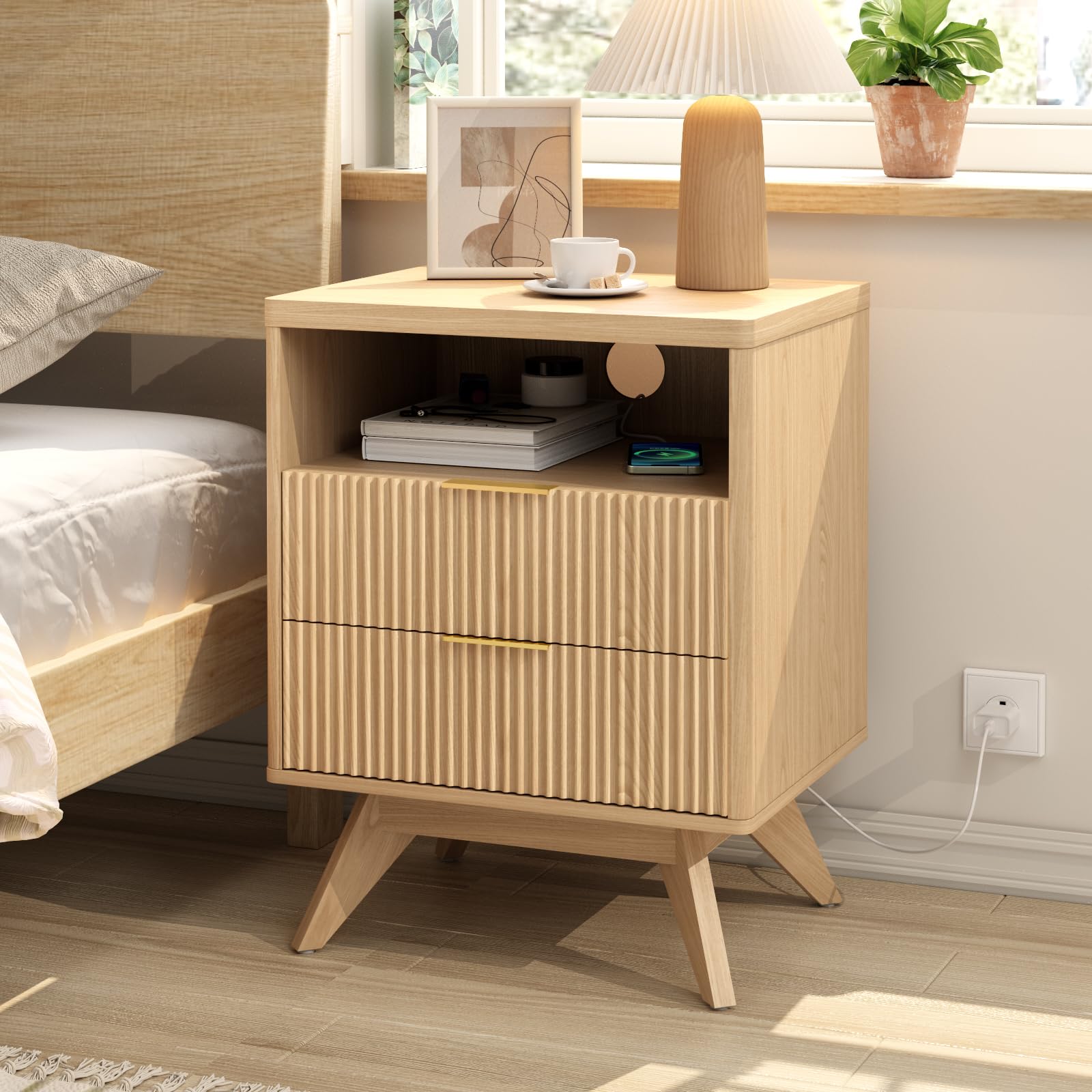 Fluted Nightstand Set of 2 with Drawer & Open Shelf