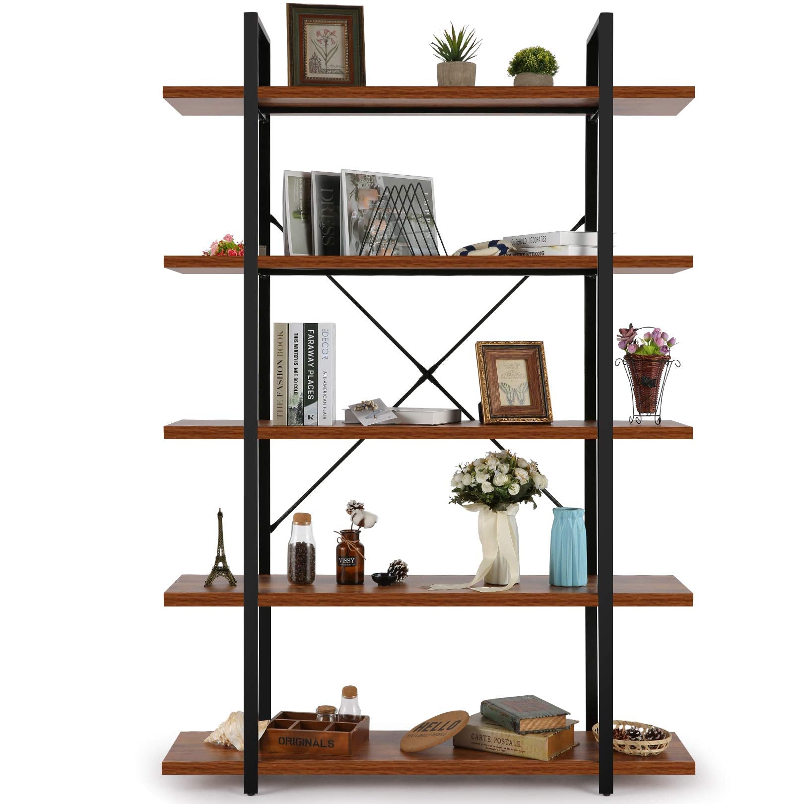 BATHWA Wood and Metal Minimalist 5 Tier Bookshelf, 6 feet Tall Open Rustic Wide Bookcase Industrial Style, Modern Wooden Big Book Shelf for Home Living Room Bedroom Office Storage, Rustic Brown