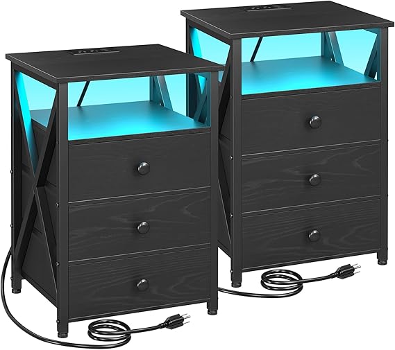 LED Nightstand Set of 2 with Charging Station