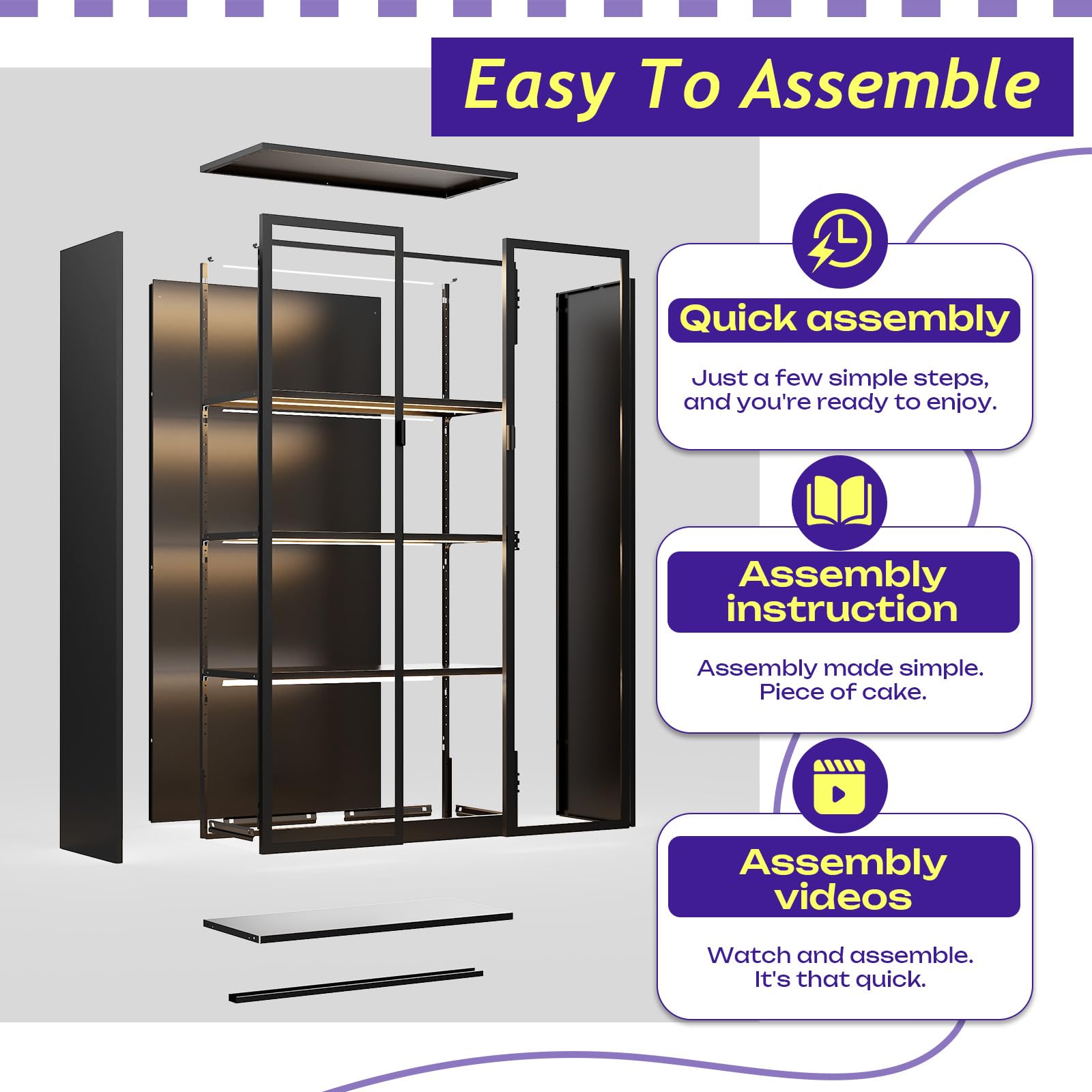 Rumetol Display Cabinet with Glass Doors, 4-Tier Curio Cabinet with 3 Color Lights,Glass Display Case for Collectibles with Adjustable Shelves-Toys,Books,Figures,Exhibit(63" Black)