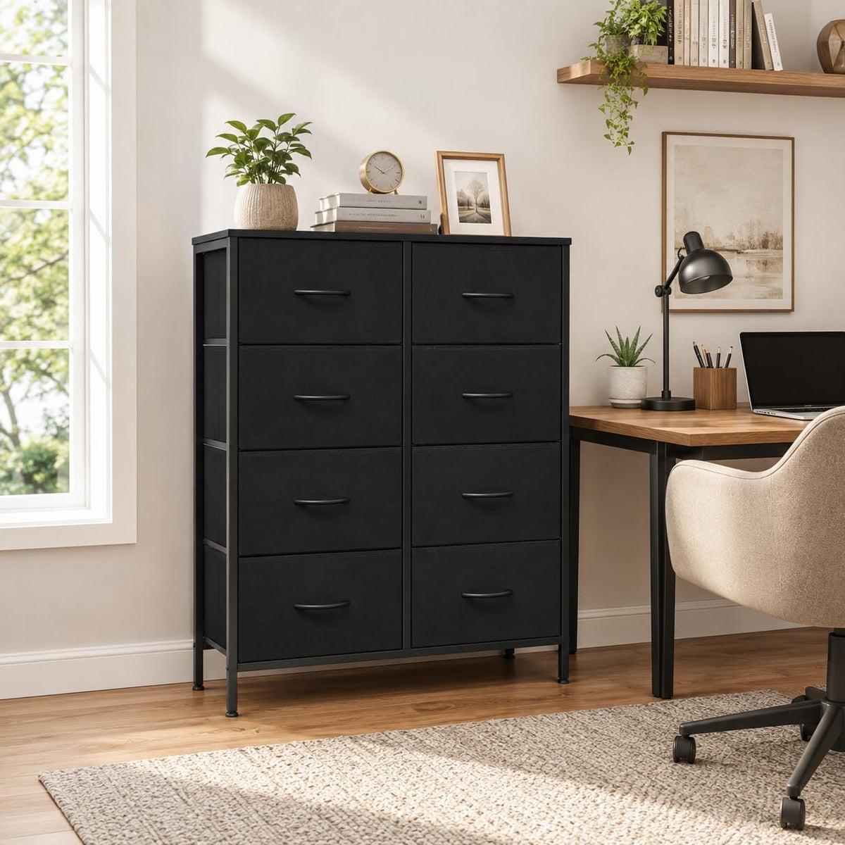 8-Compartment Tall Storage Cabinet with Steel Frame and Top Panel, Black
