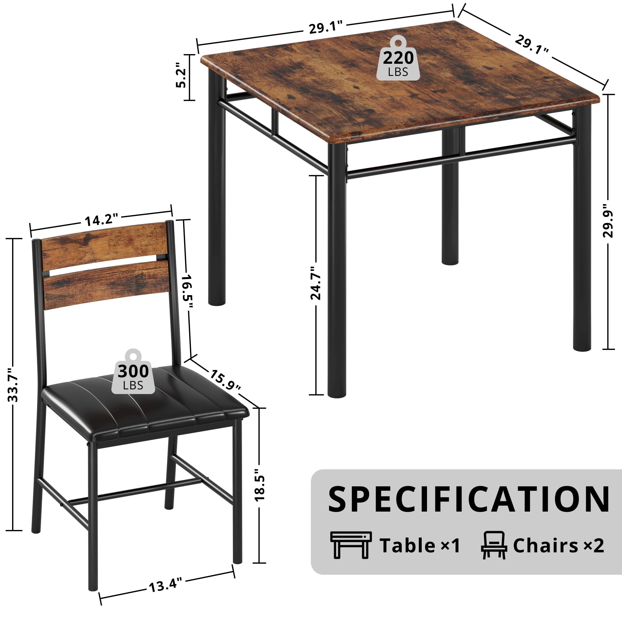 IRONCK Dining Table Set for 2, Small Kitchen Table with Upholstered Chairs Dinning Table Set for Kitchen & Dining Room, Compact Dining Set for Small Spaces, Rustic Brown