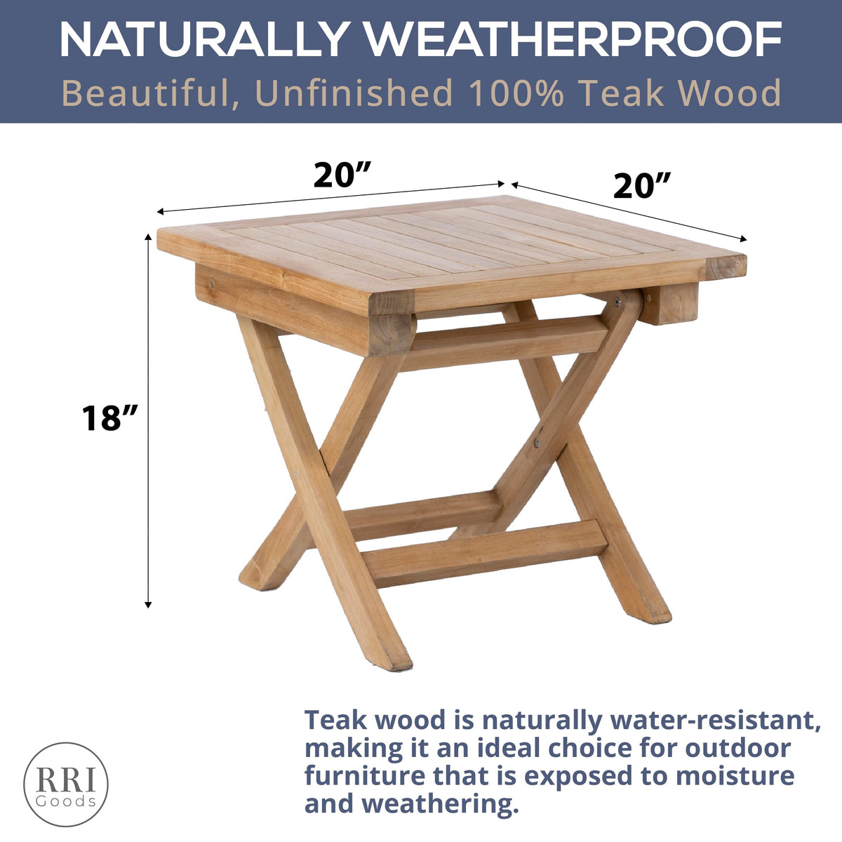 RRI Goods Teak Wood Folding 20”-Inch Outdoor Coffee Table - Perfect for Camping & Outdoor Entertaining - Ideal for Backyard, Front Porch, Balcony (Square)