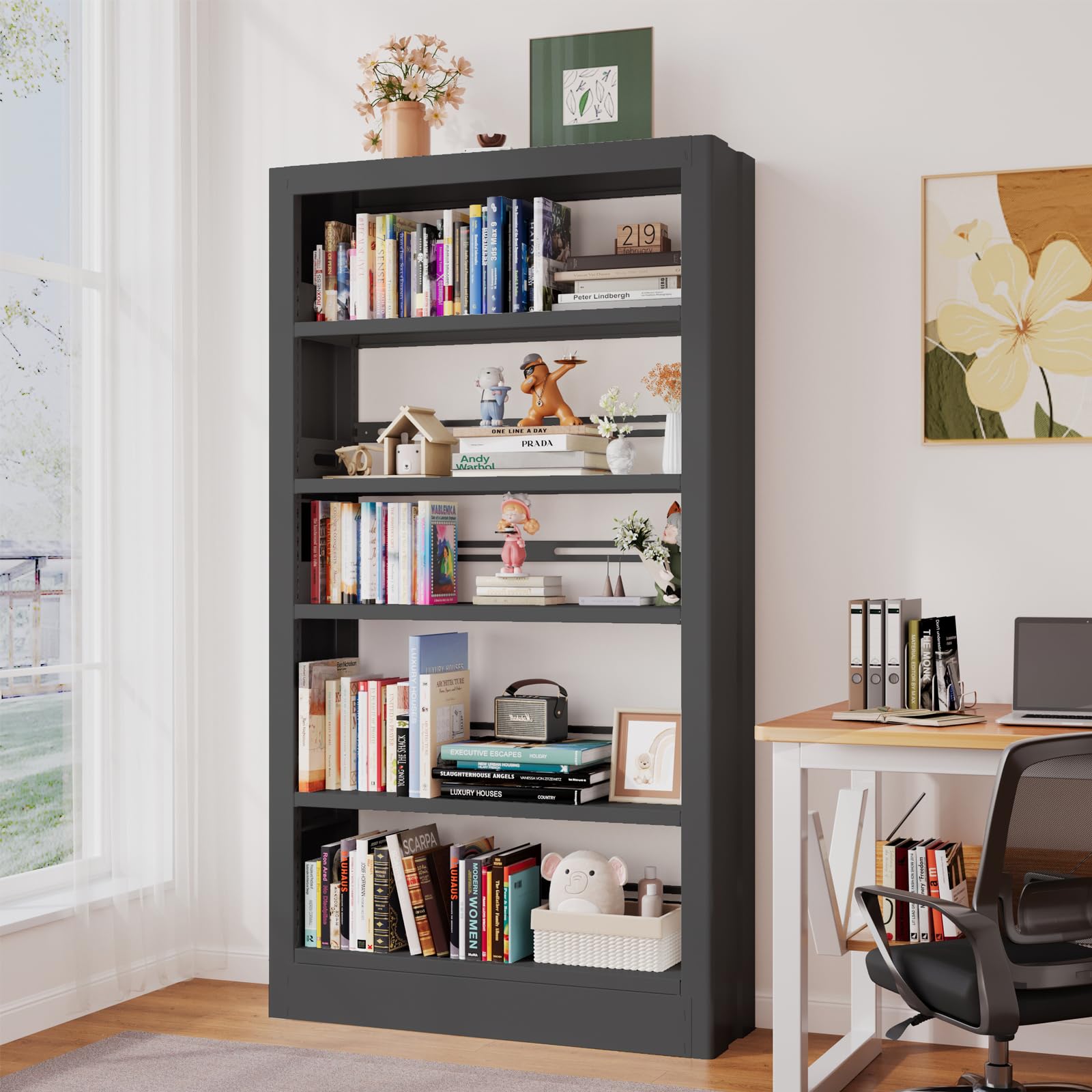 CRPDY 71" Tall Metal Bookshelf 5 Tier Heavy Duty Bookshelves with Adjustable Storage Shelves Library Bookcase with Book Stopper for Living Room, Library, Office, Bedroom, School