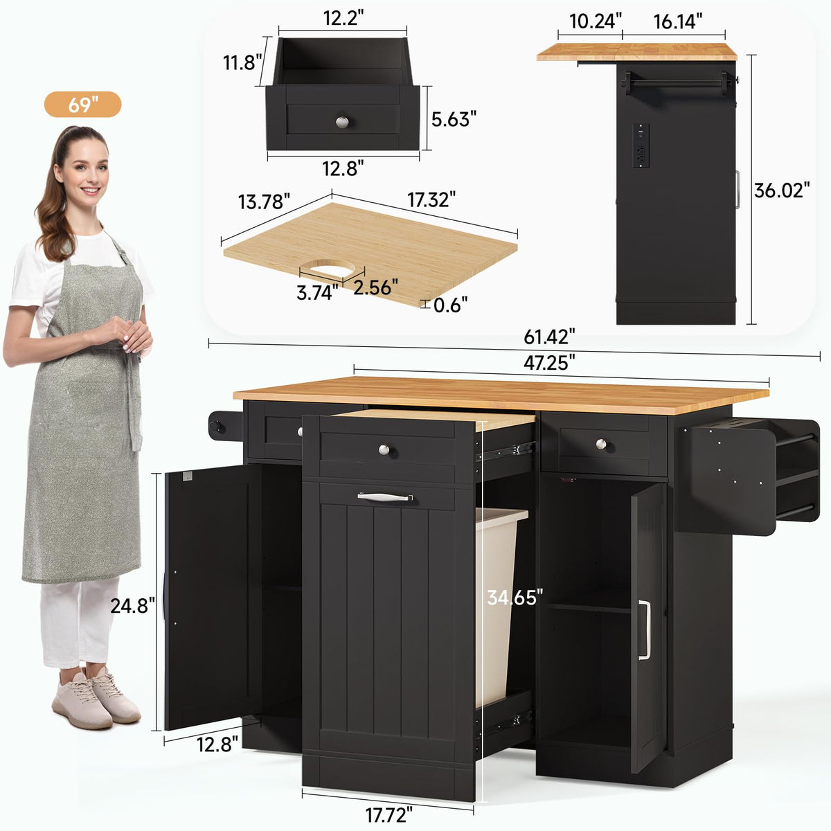 ONBRILL Kitchen Islands with Movable Wood Cutting Board & Trash Can, Black