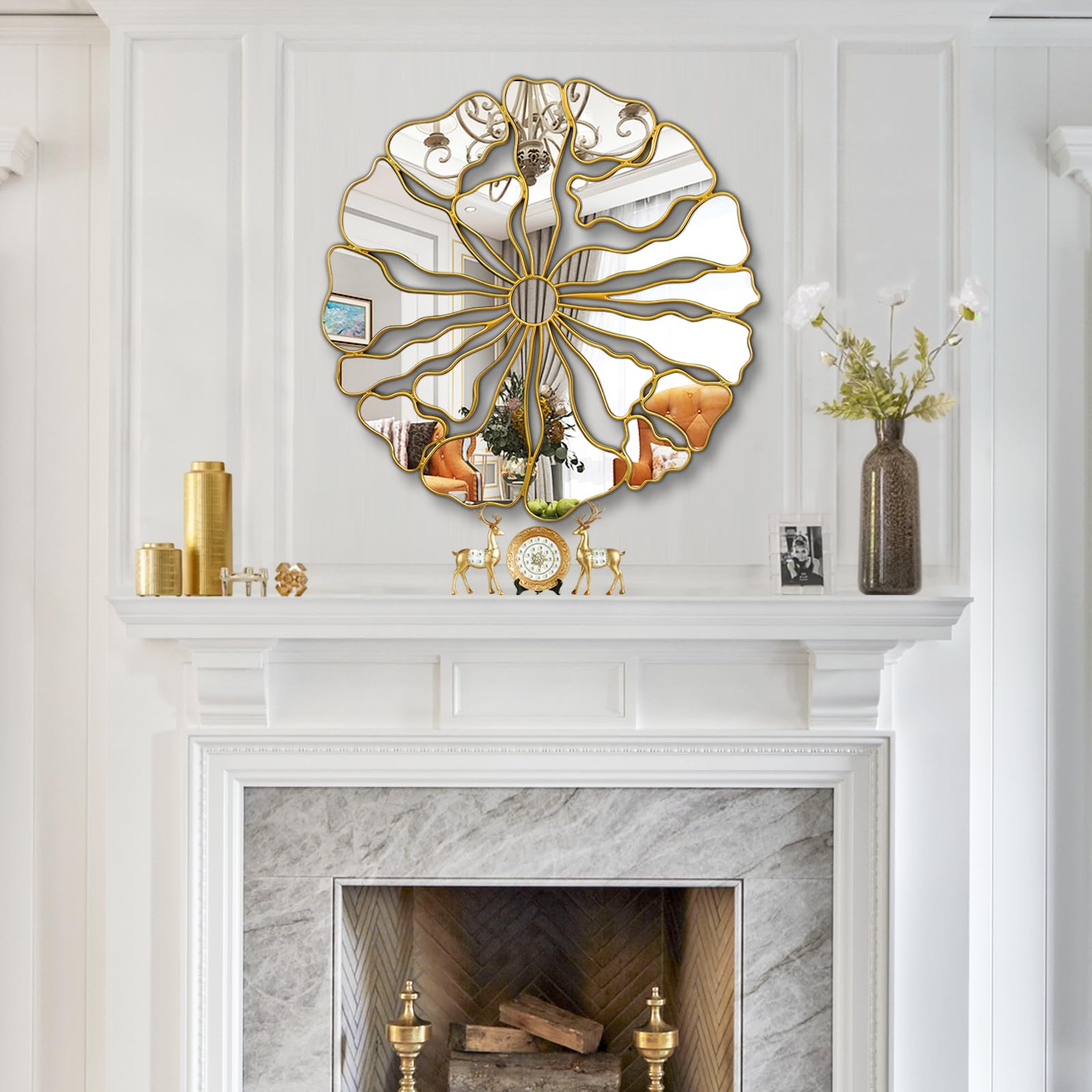 32" Round Floral Gold Wall Mirror