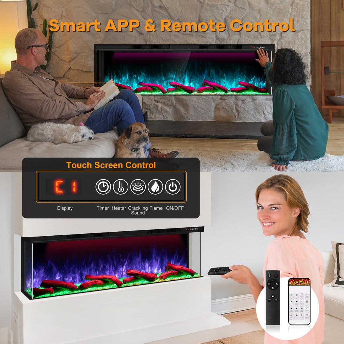 STRICWARM 100" 3-Sided Electric Fireplace Inserts WiFi Recessed Heaters