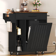 HOOBRO Kitchen Island with Trash Can Storage, Rolling Kitchen Island on Wheels, Mobile Island Cart with Power Outlet, Islands Table for 10 Gallon Garbage Bin, Rustic Brown and Black BF80UZD01G1