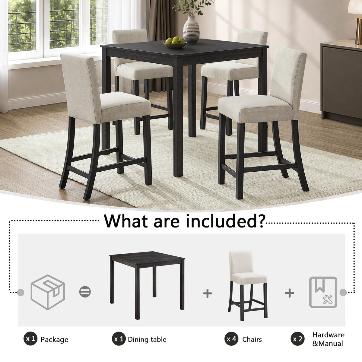 LUMISOL 5 Piece Counter Height Dining Table Set for 4 with Upholstered Chairs, 39 Inch Square Kitchen Table with Solid Wood Frame, Space Saving Dining Set for Small Apartment, Antique Black and Beige
