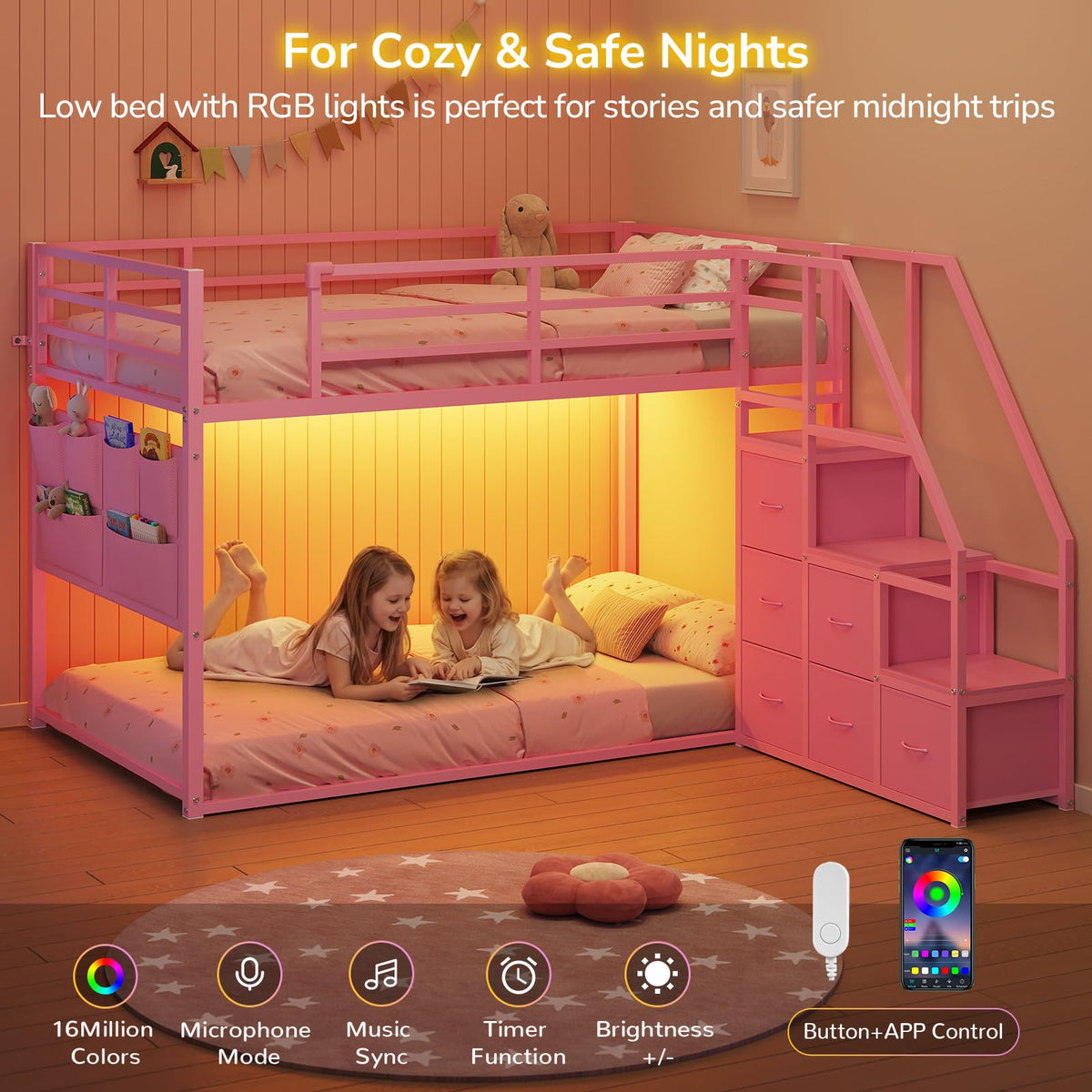 Twin Bunk Bed with Storage & LED Lights