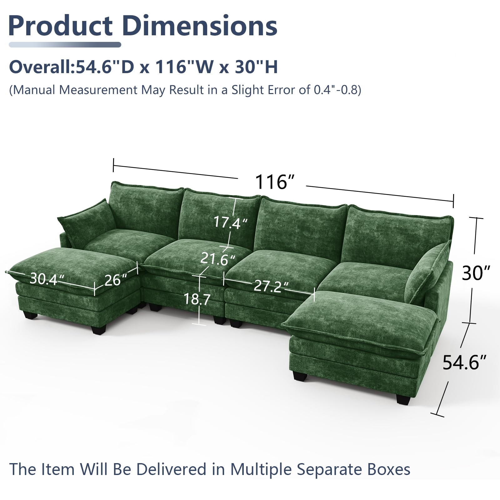 OhaiAura U Shaped Modular Sectional Sofa, Cloud Couch with Movable Ottoman, Comfy Chenille Sofa with Pillows for Living Room, Bedroom, Apartment, Green