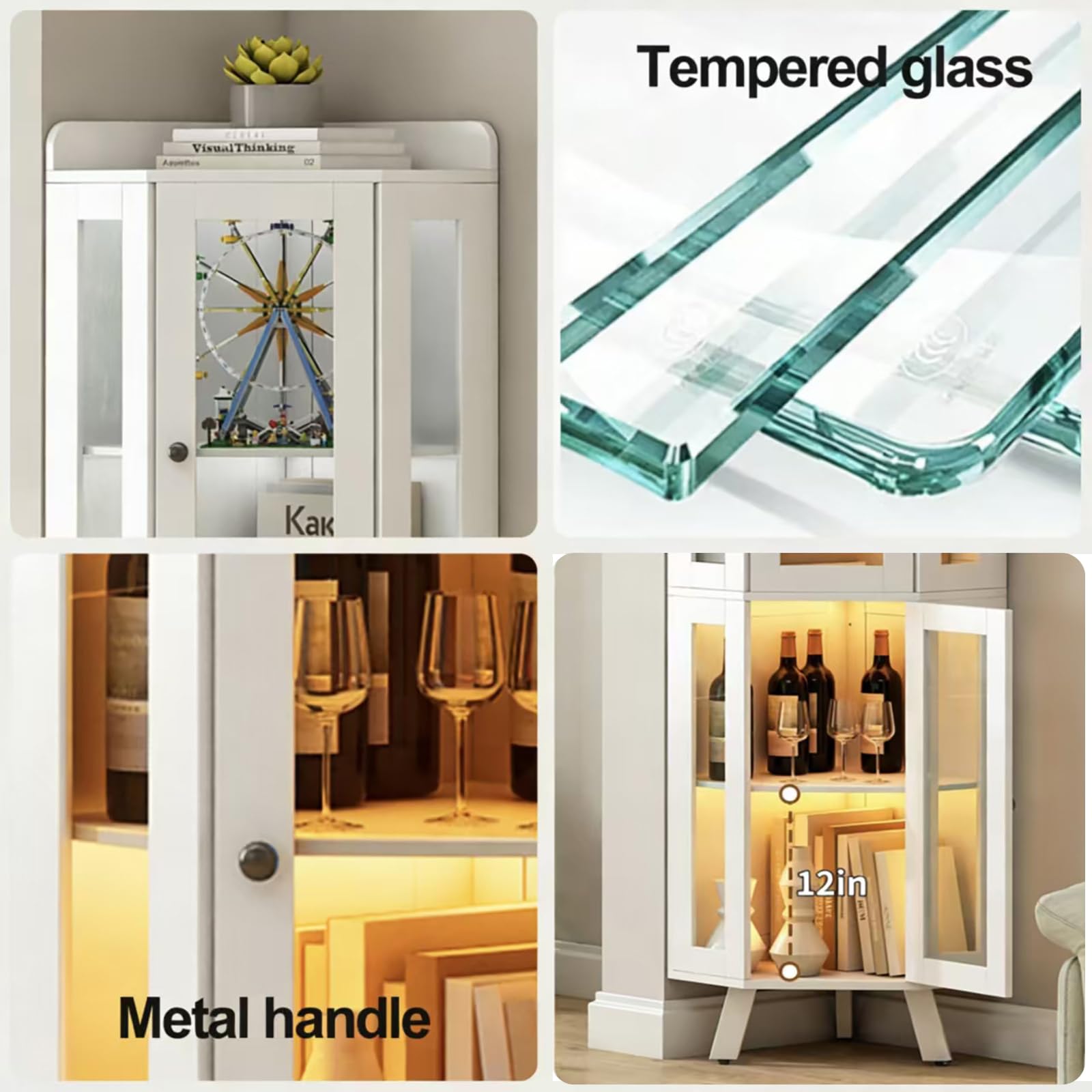 Corner Display Cabinet with Glass Doors, 4-Tier, 60"H