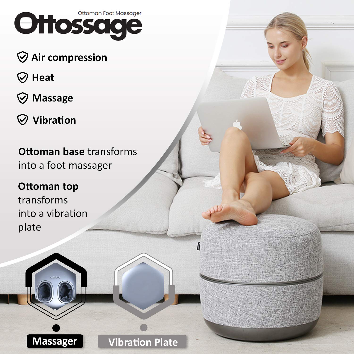 Ottoman Foot Massager by Ottossage, Massaging Ottoman with Removable Lid provides Air Compression, Shiatsu kneading, intense vibration and heat therapy. Extra Powerful with upgraded li-ion battery.