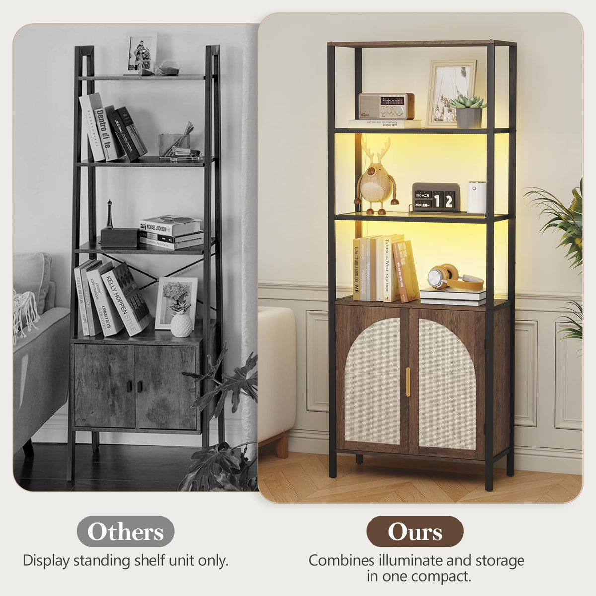 Rattan LED Bookshelf with Cabinet