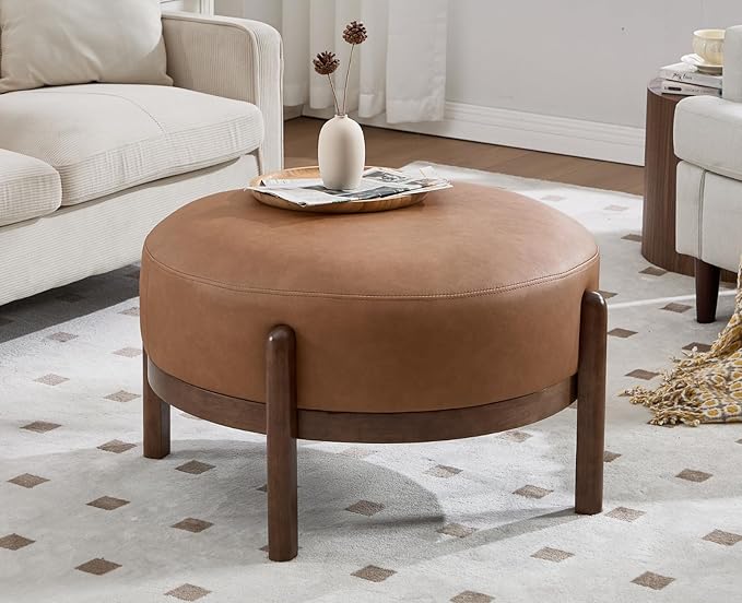 Round Upholstered Ottoman with Wood Legs