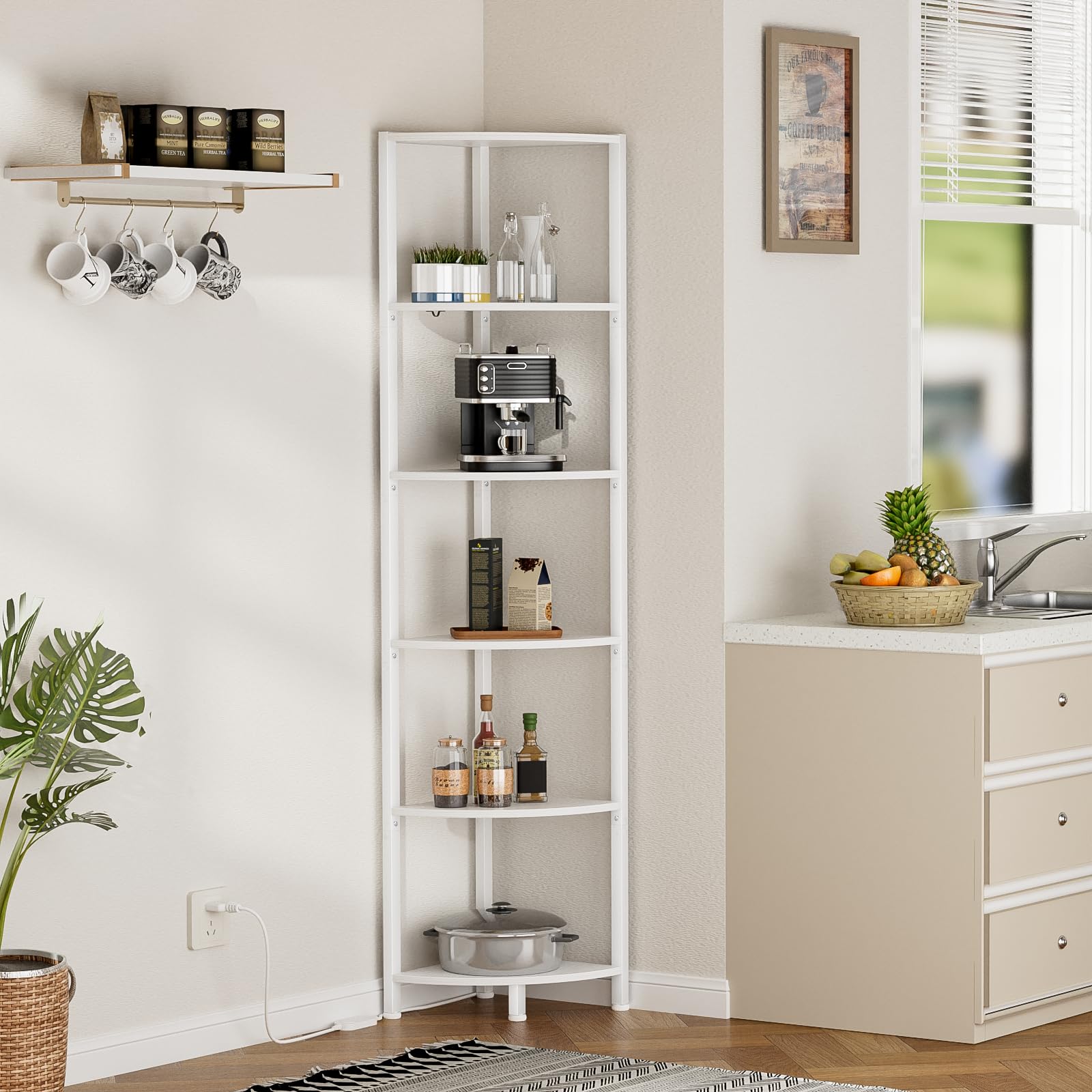 Furnulem 6 Tier Corner Shelf with LED Light, 67.5” Tall Standing Shelf Organizer, White Narrow Bookshelf with Storage Rack for Wall Corner, Living Room, Bedroom, Metal Frame, Wood Display Shelf