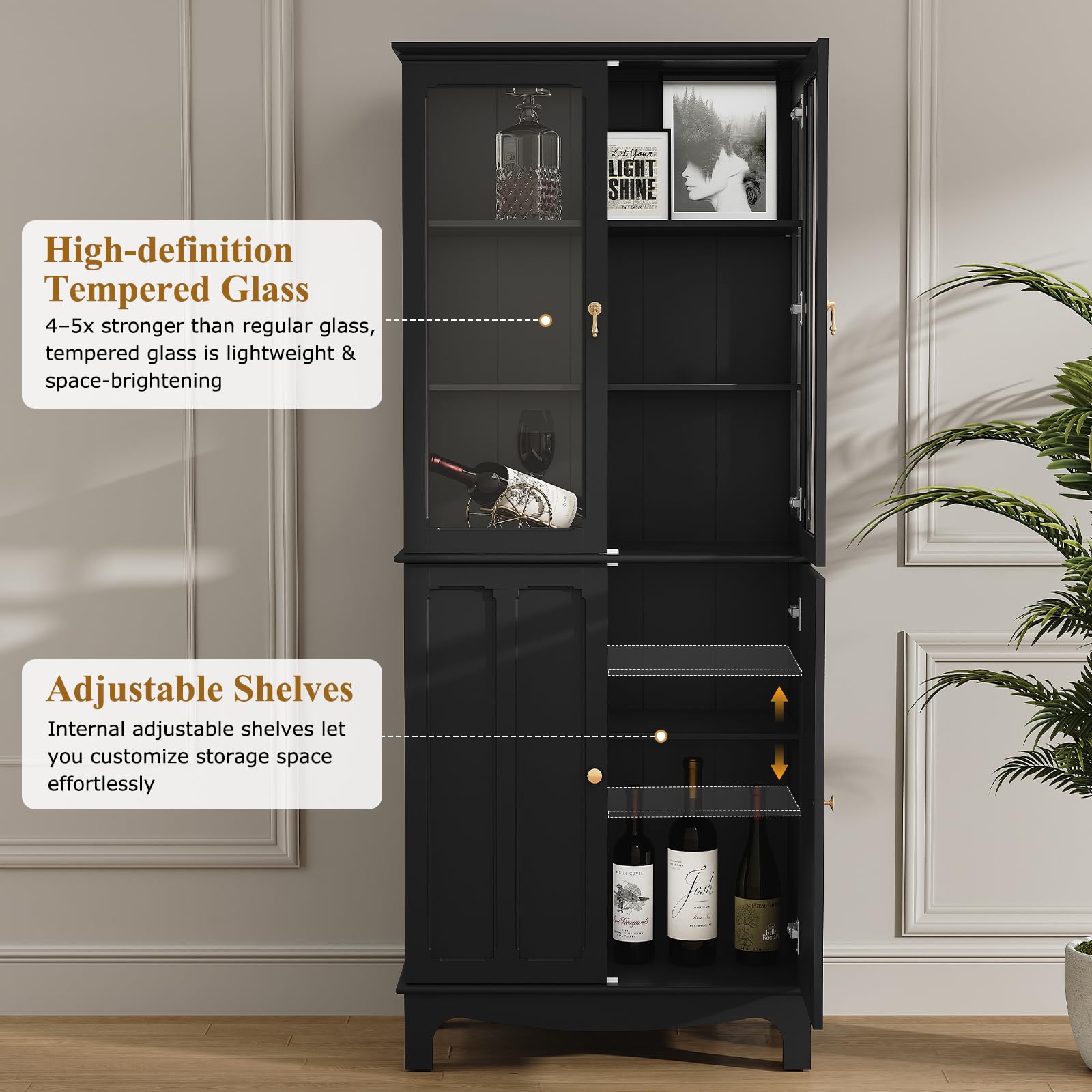 Glass Door Kitchen Pantry Cabinet with Adjustable Shelves