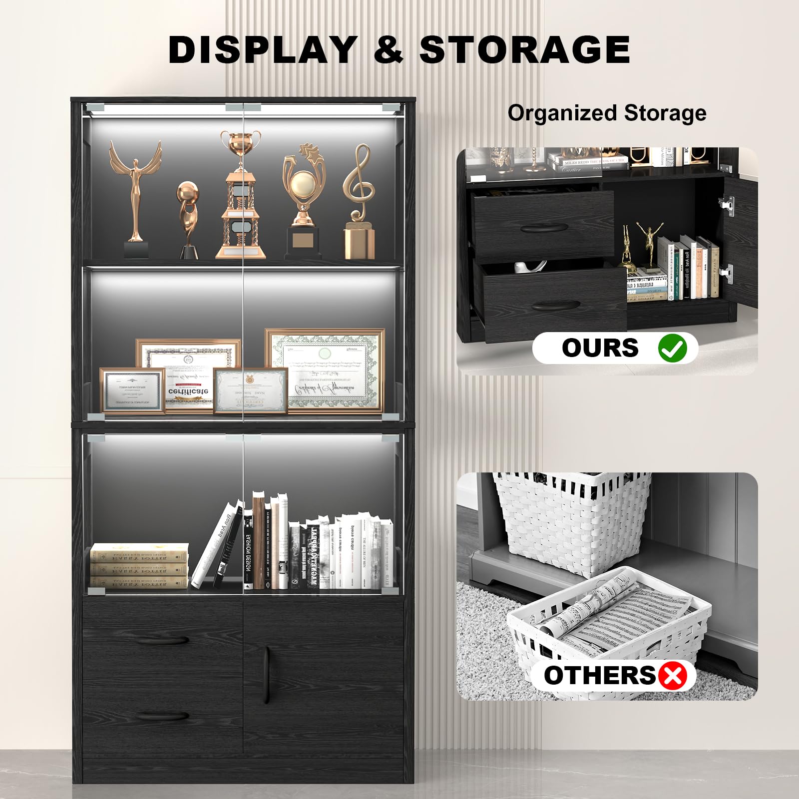 Full Size Bed Frame with Storage Drawers, LED Lights & Charging Station