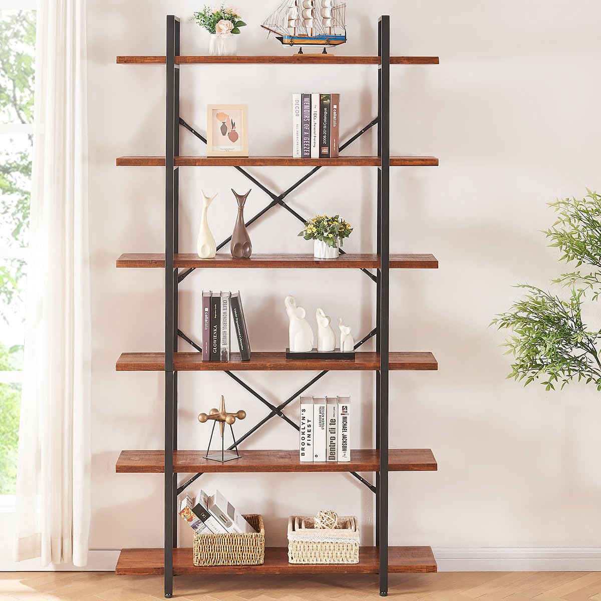 6-Tier Solid Wood Bookshelf