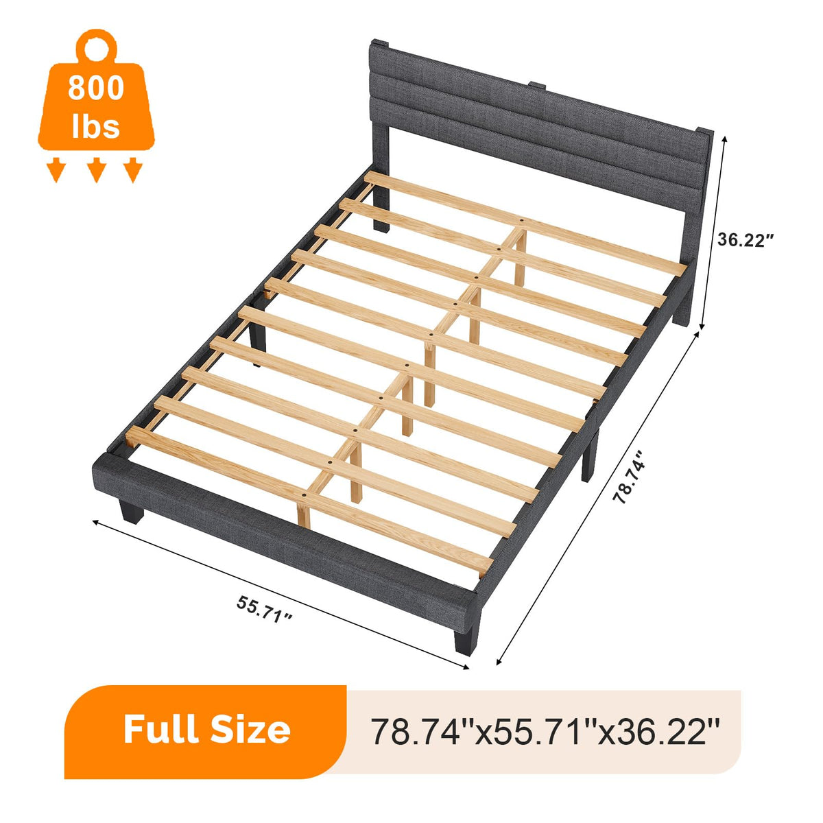 VINGLI Full Bed Frame with Headboard,Upholstered Platform Bed with Adjustable Headboard,Heavy Duty Slats Support,Mid Century Modern,Noise Free, No Box Spring Needed, Dark Gray