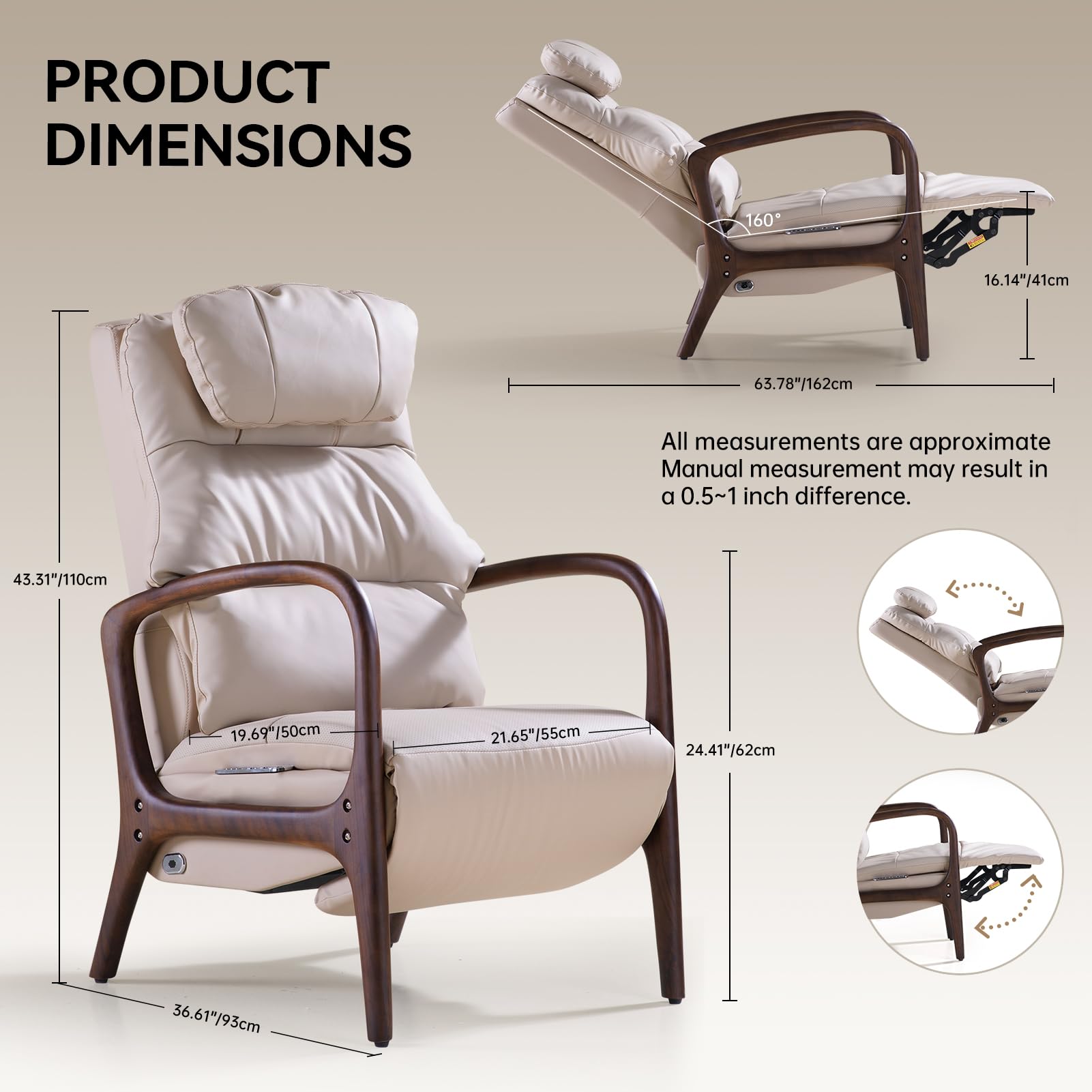 EMIAH M7 Power Recliner Chair for Adults with Adjustable Lumbar Support & 5-Min Rhythmic Stretch, 160° Reclining Faux Leather Accent Chair with Adjustable Headrest for Living Room Home Theater(Beige)