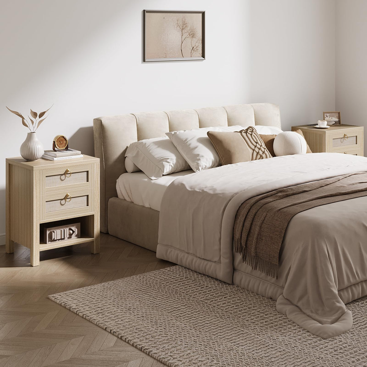 Rattan Nightstand with Charging Station - Boho Night Stand with 2 Drawers