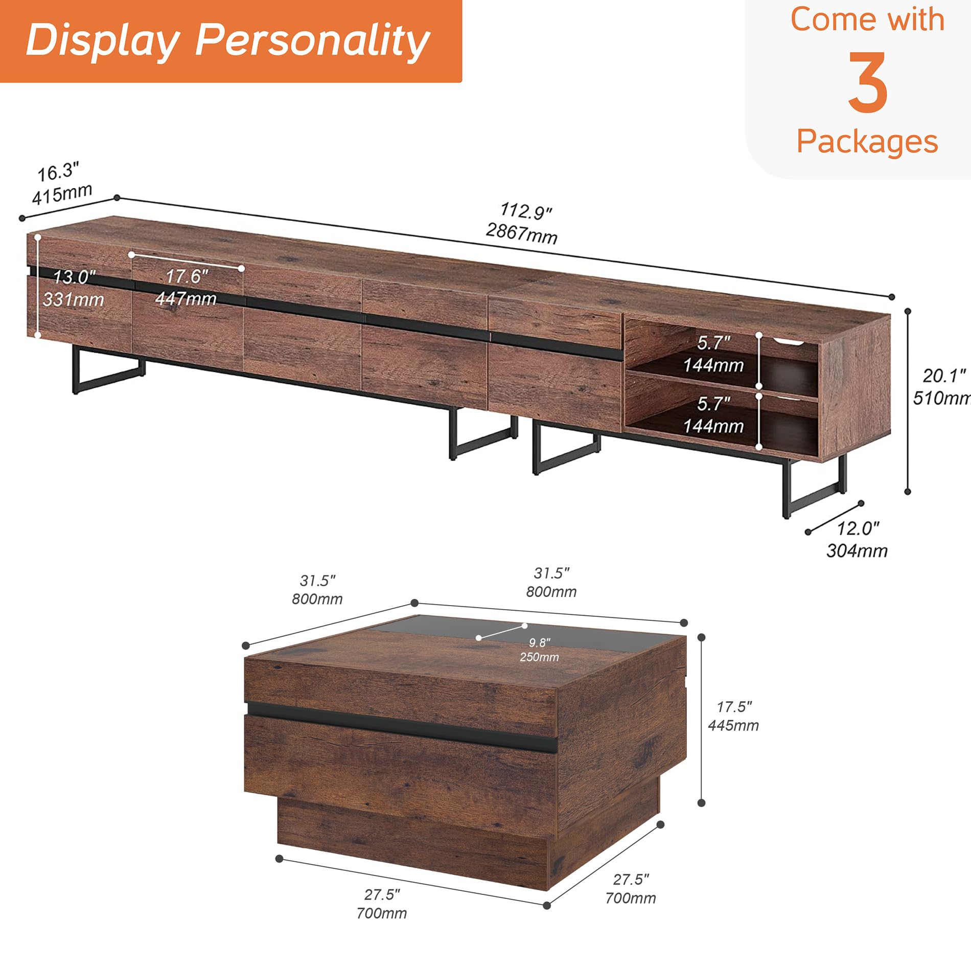 WAMPAT Modern TV Stand and Coffee Table Set of 2, Storage Entertainment Center for TVs Up to 100 inch, Square Center Table with Tempered Glass and Storage Drawers for Living Room, Brown