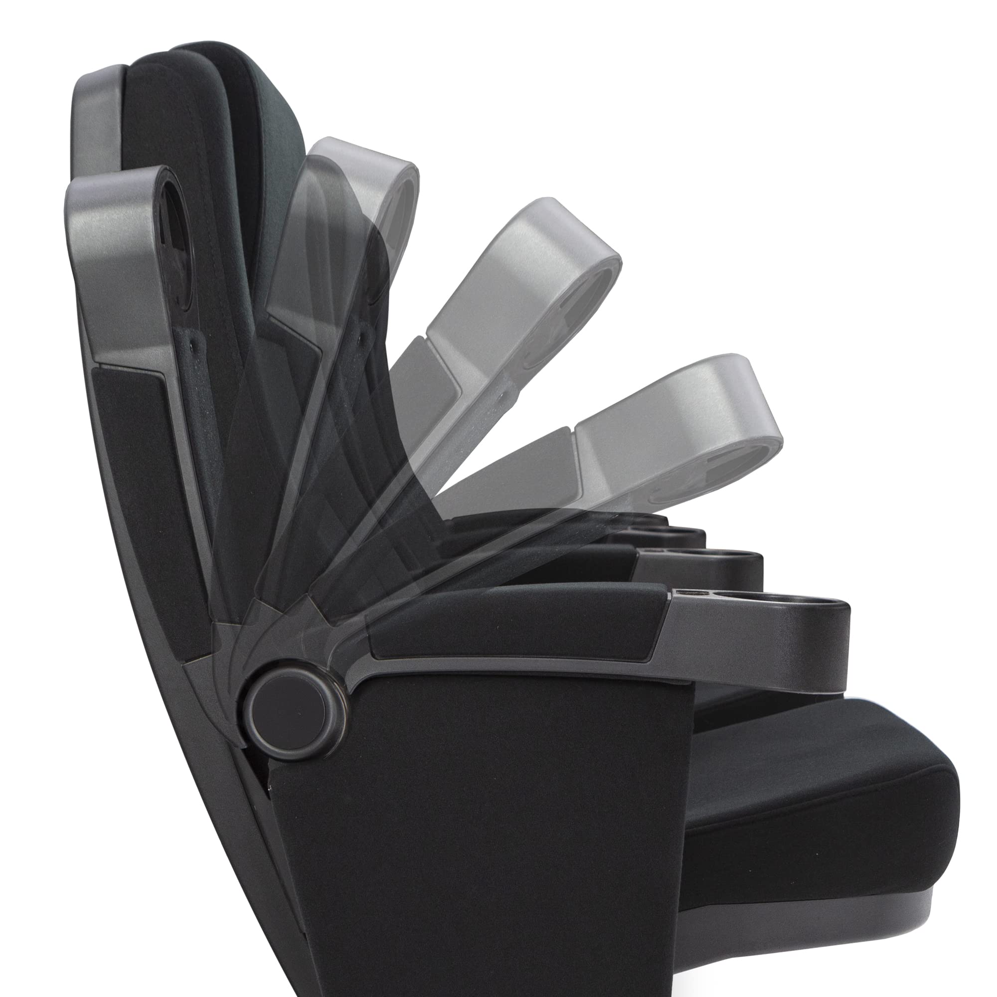 Seatcraft Zenith Movie Theater Seating, Fabric, No-Drill Free-Standing Base, Rocker Recliner, Flip-Up Armrests w/Cupholders, Gravity Lift Seat Surface, Row of 4, Black