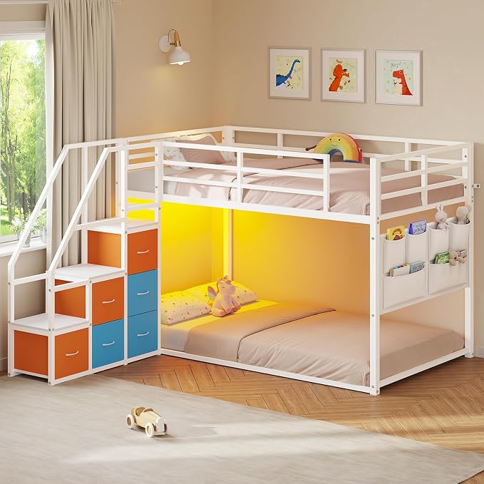 Twin Bunk Bed with Storage & LED Lights