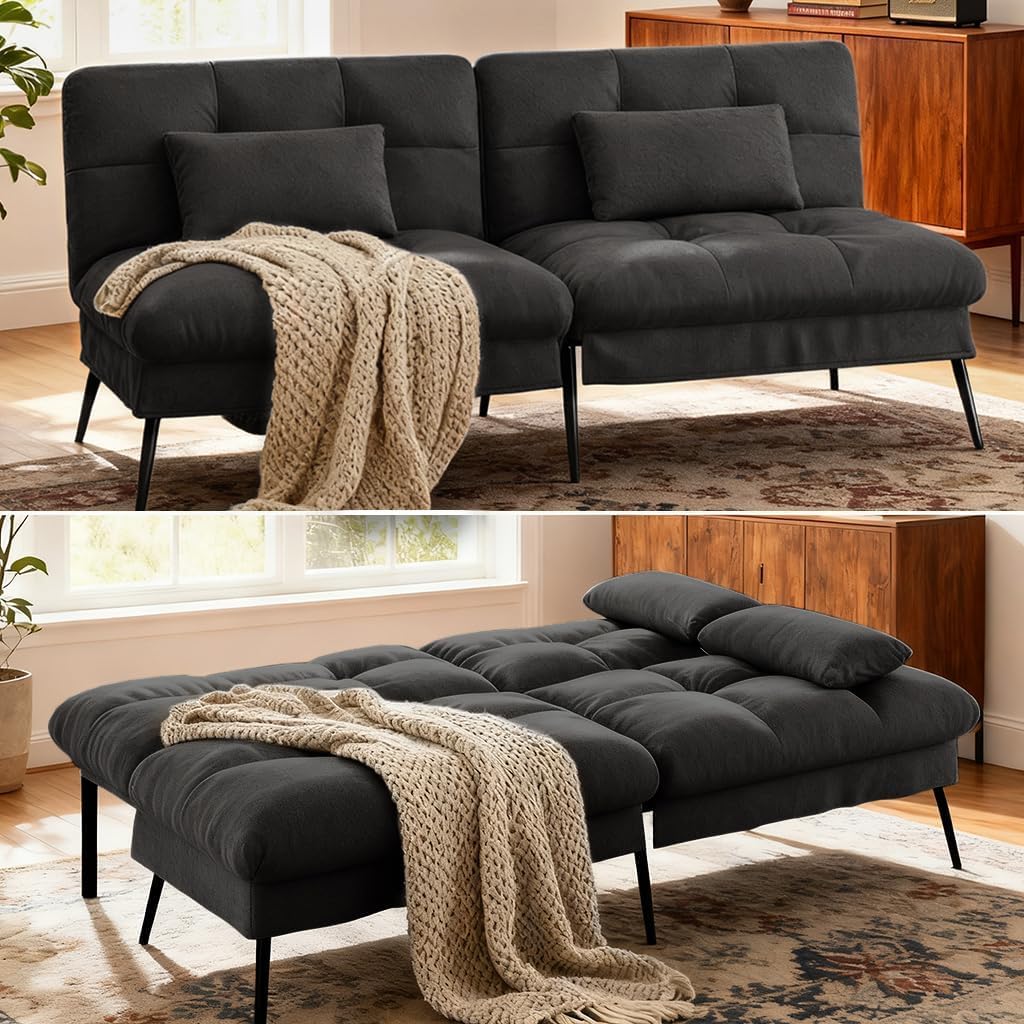 COMHOMA 72″ Convertible Futon Sofa Bed, Adjustable Backrest, Black