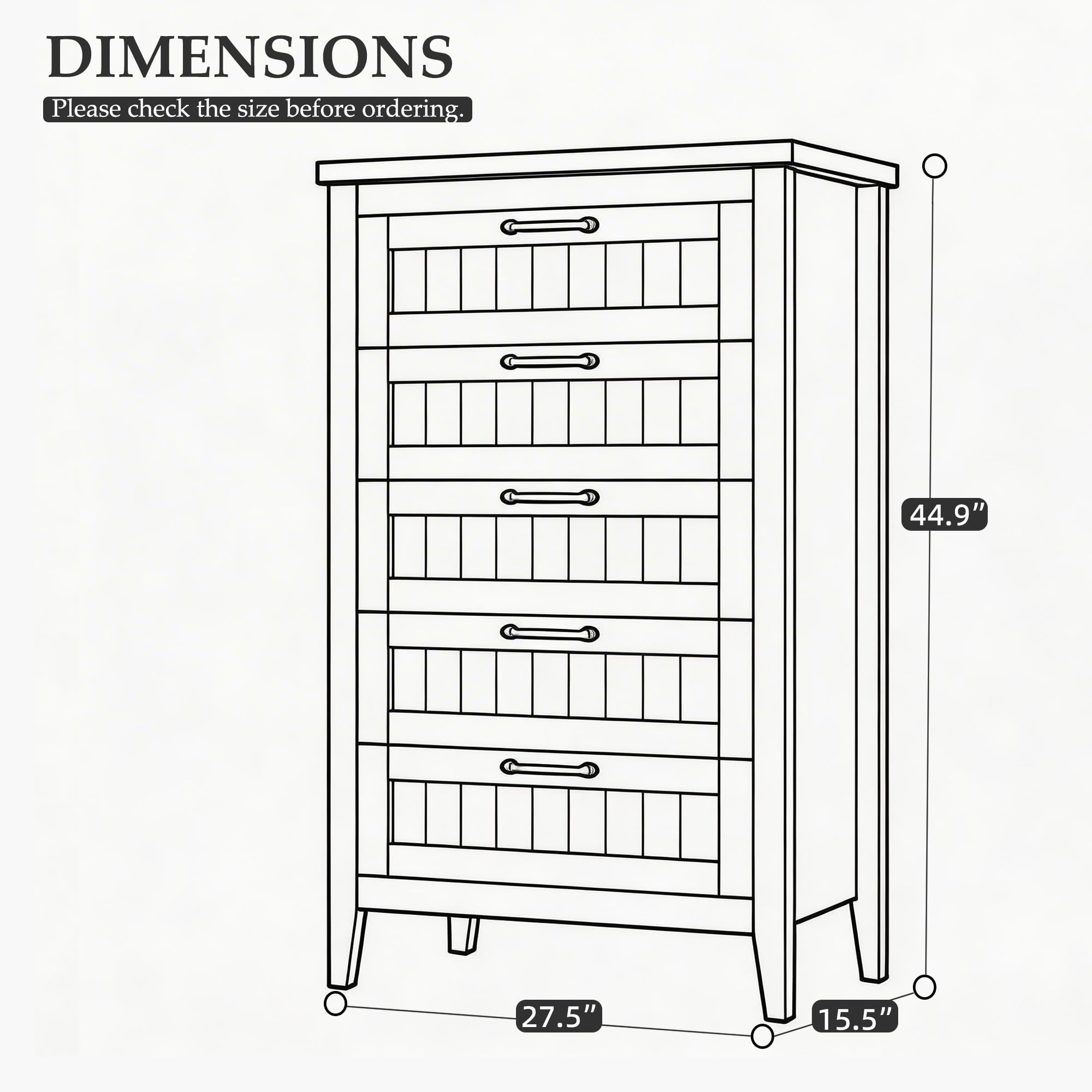 GarveeHome Farmhouse Tall 5 Drawer Dresser with Charging Station & LED Lights, Slim Wooden Bedroom Dresser, Rustic Chest of Drawers Clothes Storage Organizer for Closet Dorm Apartments, Retro