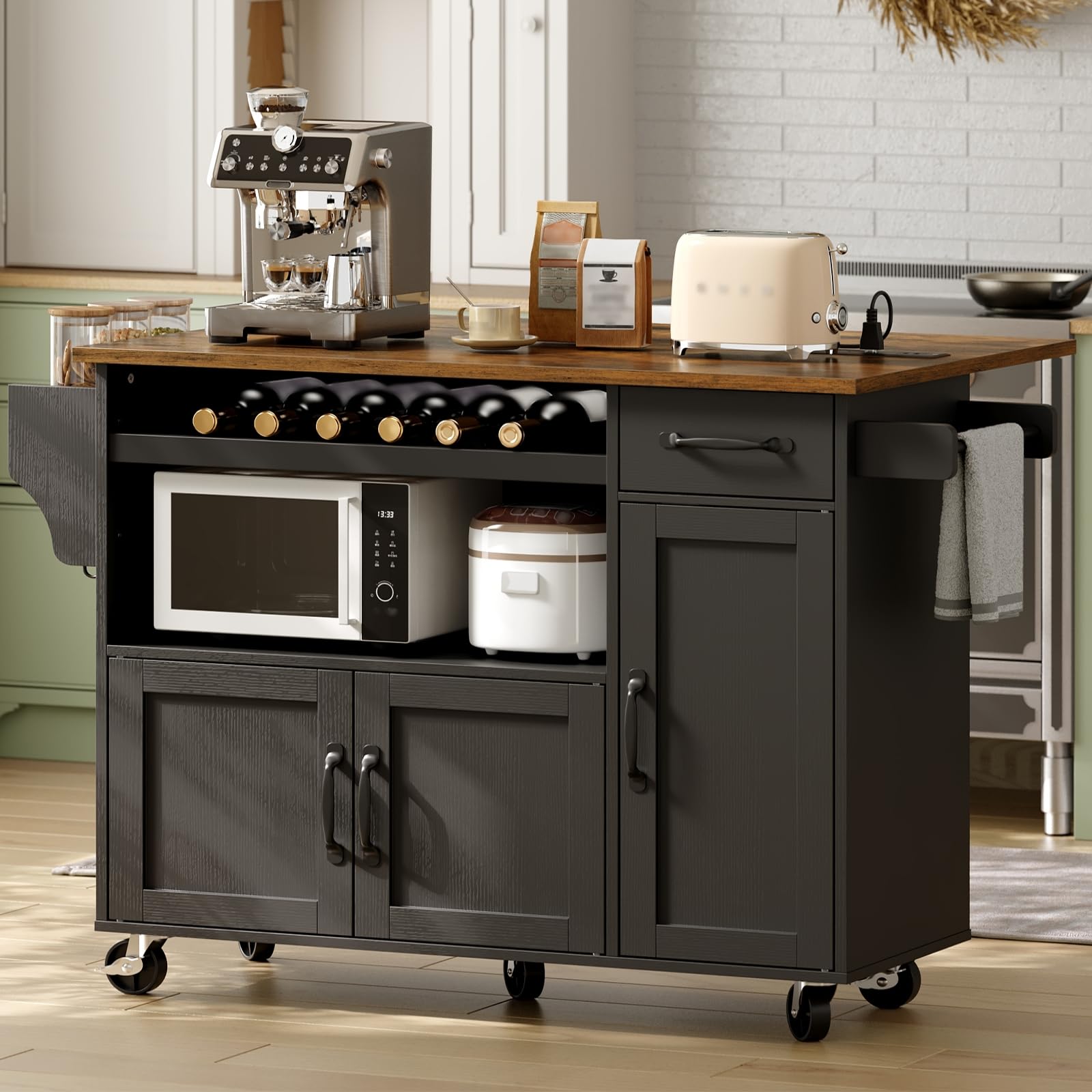 RALGEND Rolling Kitchen Island Cart with Drop Leaf & Power Outlet, Mobile Kitchen Island on Wheels, Island Table with Storage Cabinet, Microwave Shelf & Wine Rack for Kitchen, Black & Rustic Brown