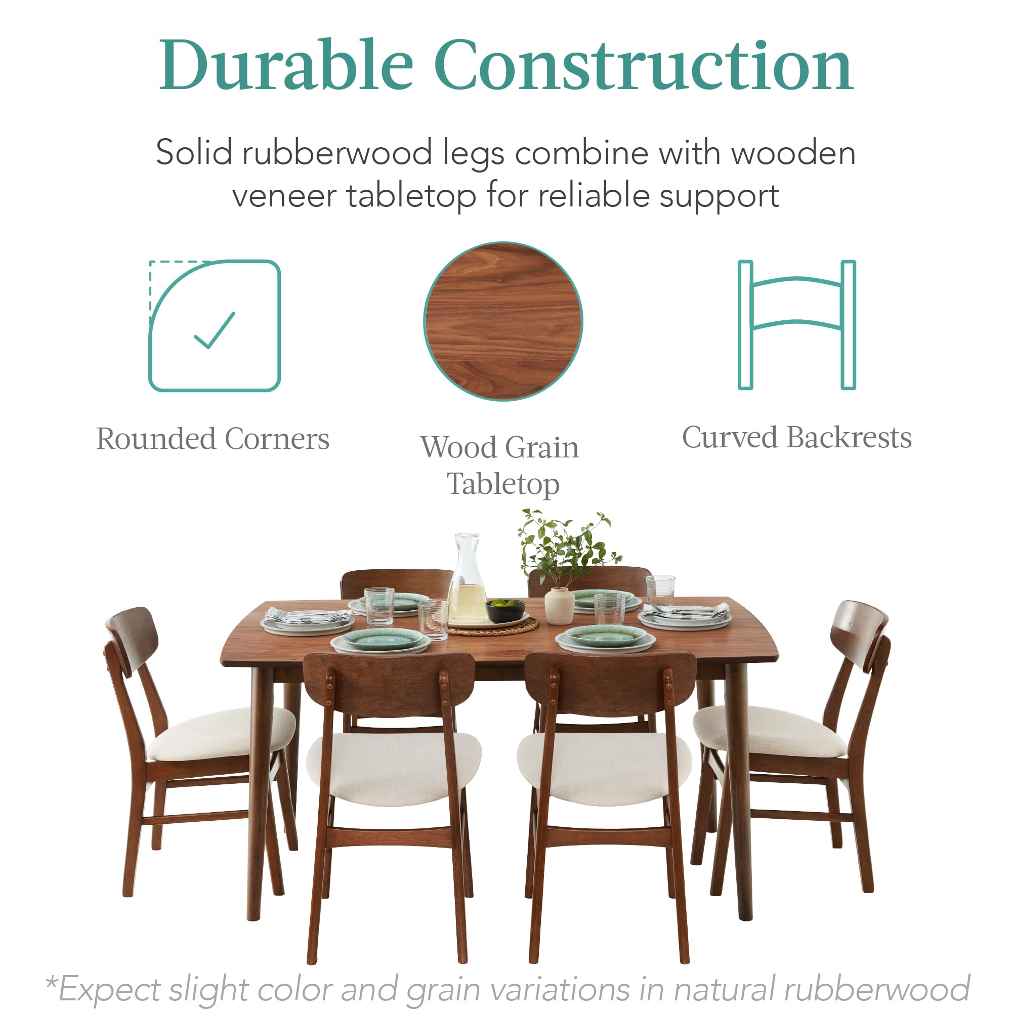 7-Piece Mid-Century Modern Dining Set with 6 Upholstered Chairs