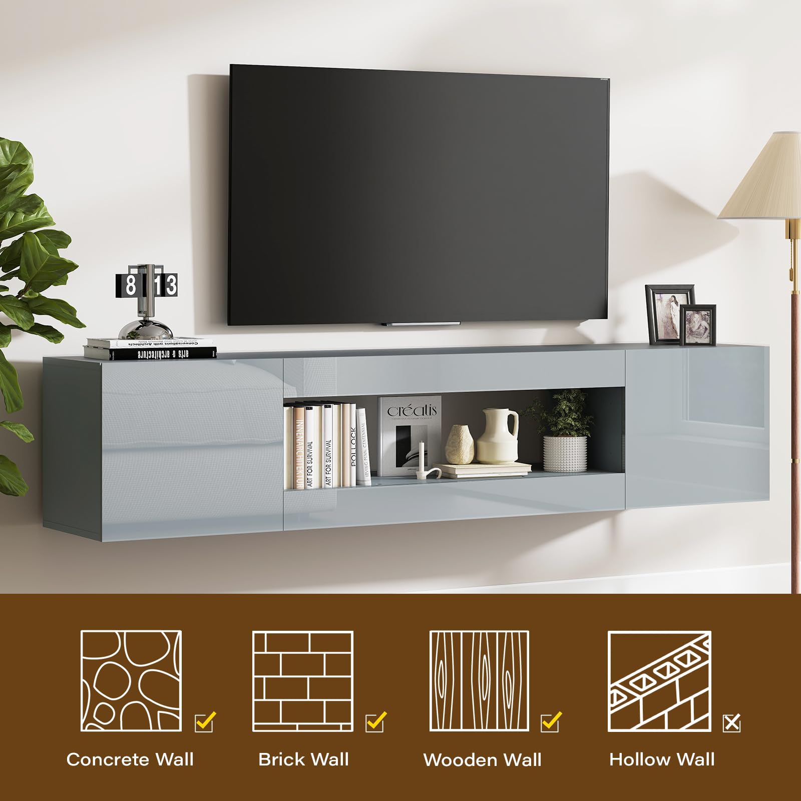 EAG 70" Floating TV Stand for TVs Up to 80", Modern Wall Mounted Entertainment Center with Storage, High Gloss Floating TV Shelf with Flip Doors, TV Floating Cabinet for Living Room (Gray)