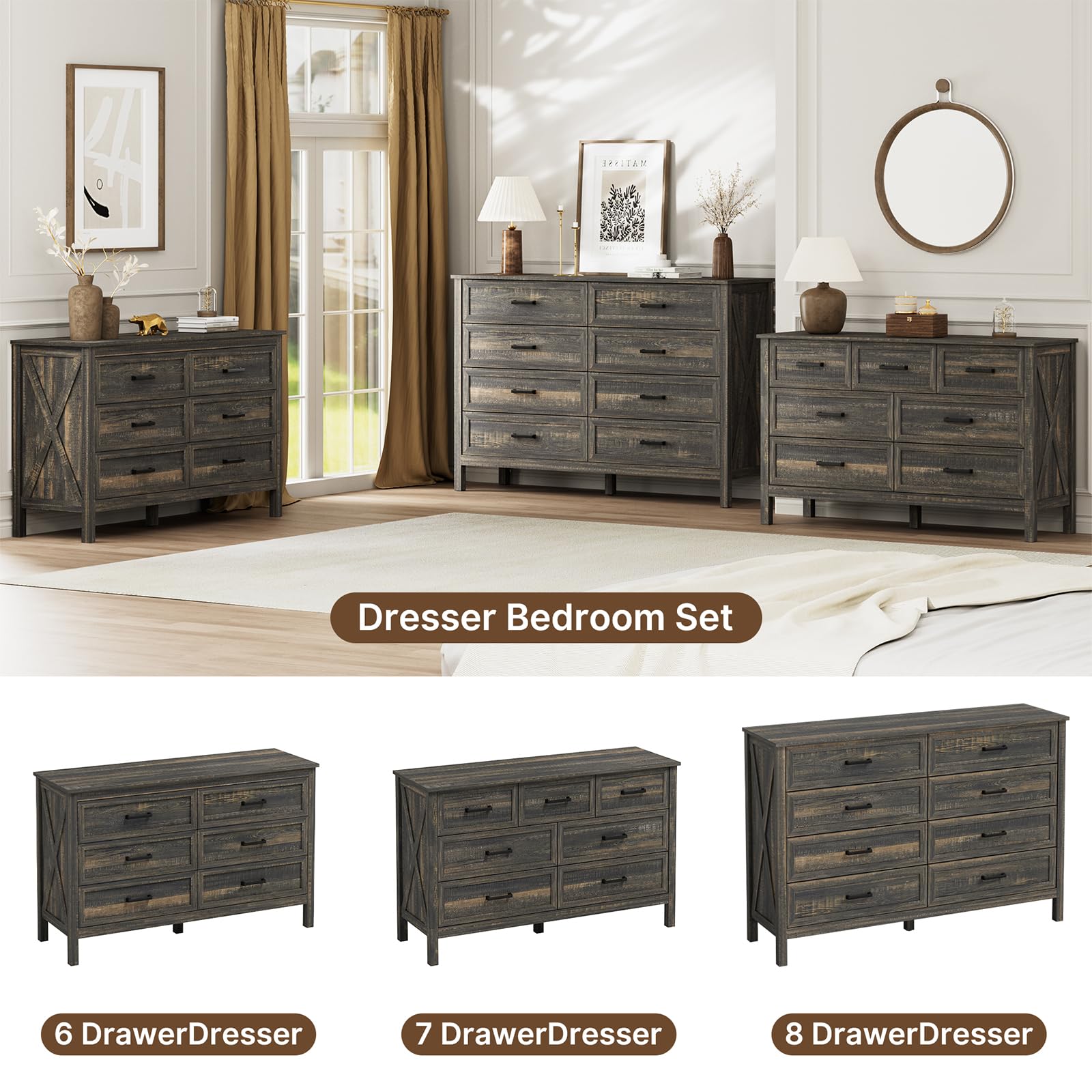 LYNSOM Farmhouse 8 Drawer Dresser for Bedroom, 55 Inch Wide Wood Rustic Chest of Drawers with X-Marking & Bar Handle, Large Storage Dressers Organizer for Bedroom, Living Room, Dark Rustic Oak