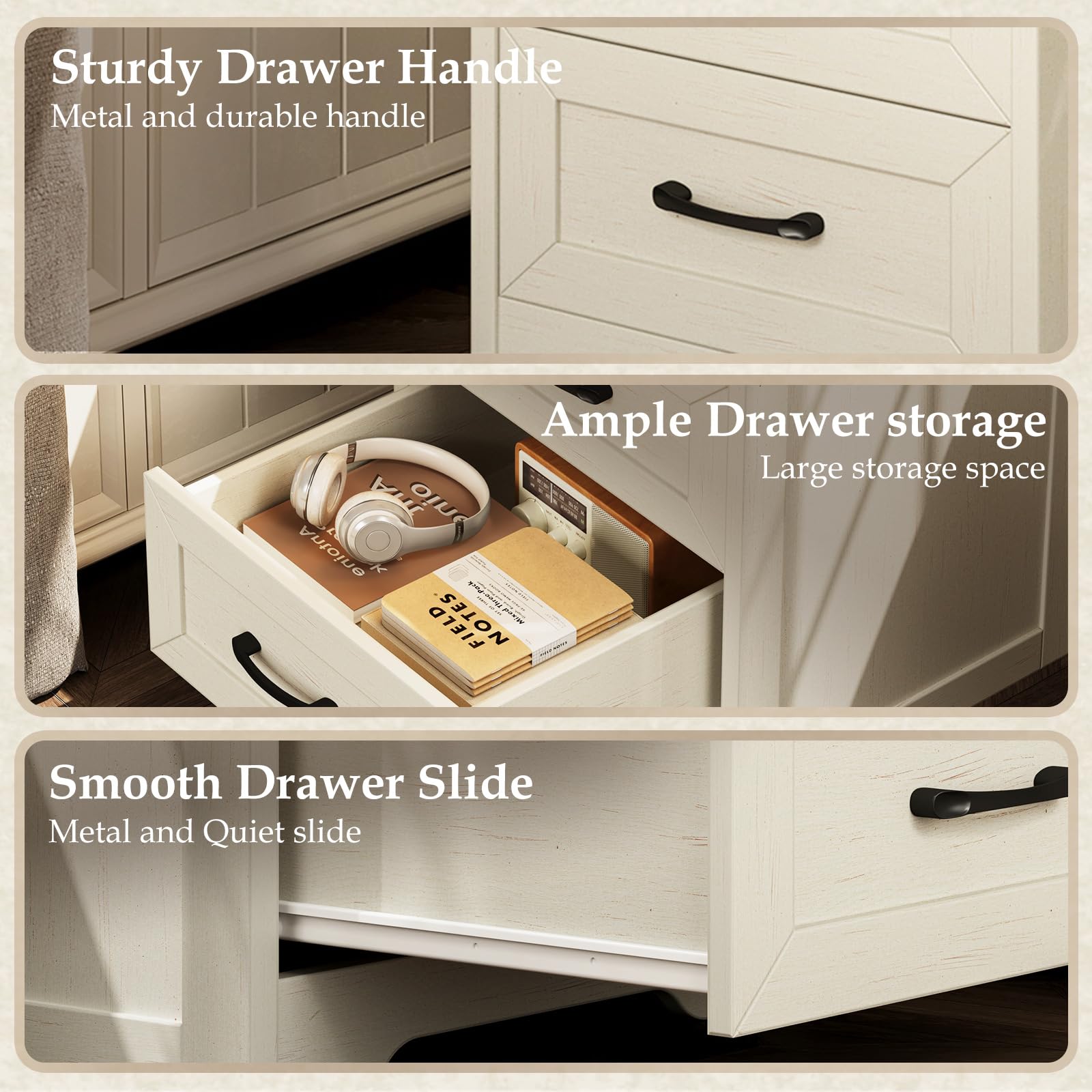AODK 3-Piece Bedroom Set – 47" Wide 6-Drawer Dresser + 2 Farmhouse Nightstands with 2 Drawers & Charging Station & RGB LED Lights – Engineered Wood, Anti-Tip Design, Rustic White & Dark Walnut
