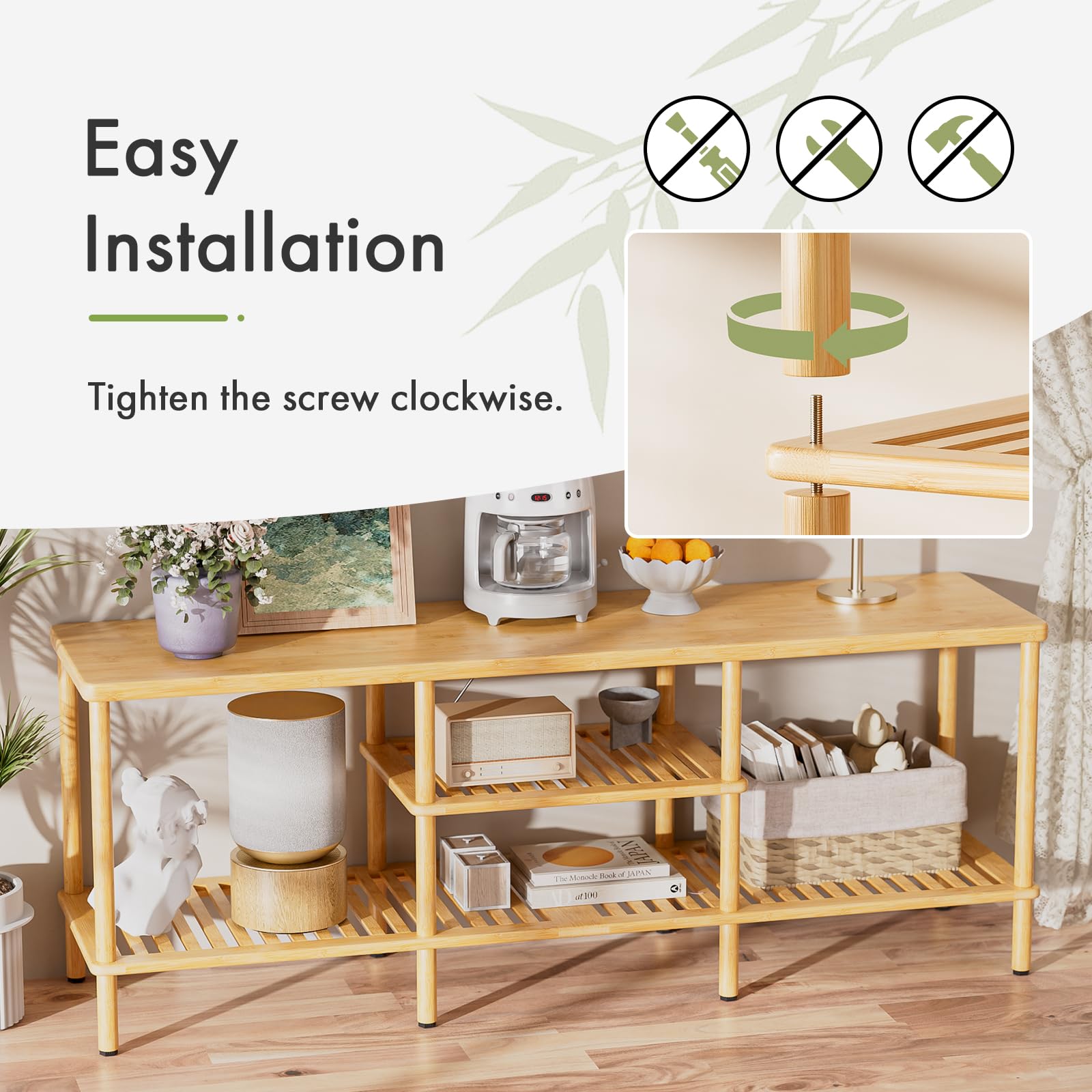 Bamboo TV Stand with 3-Tier Open Storage Shelf